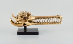 Large Sculpture in Gilded Metal, Modern Design in the Shape of a Crocodile Skull