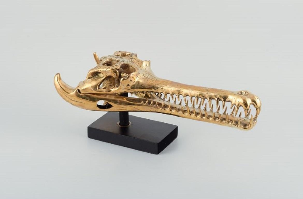 French Large Sculpture in Gilded Metal, Modern Design in the Shape of a Crocodile Skull For Sale