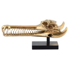 Scultura di grandi dimensioni in metallo dorato, design moderno a forma di teschio di coccodrillo