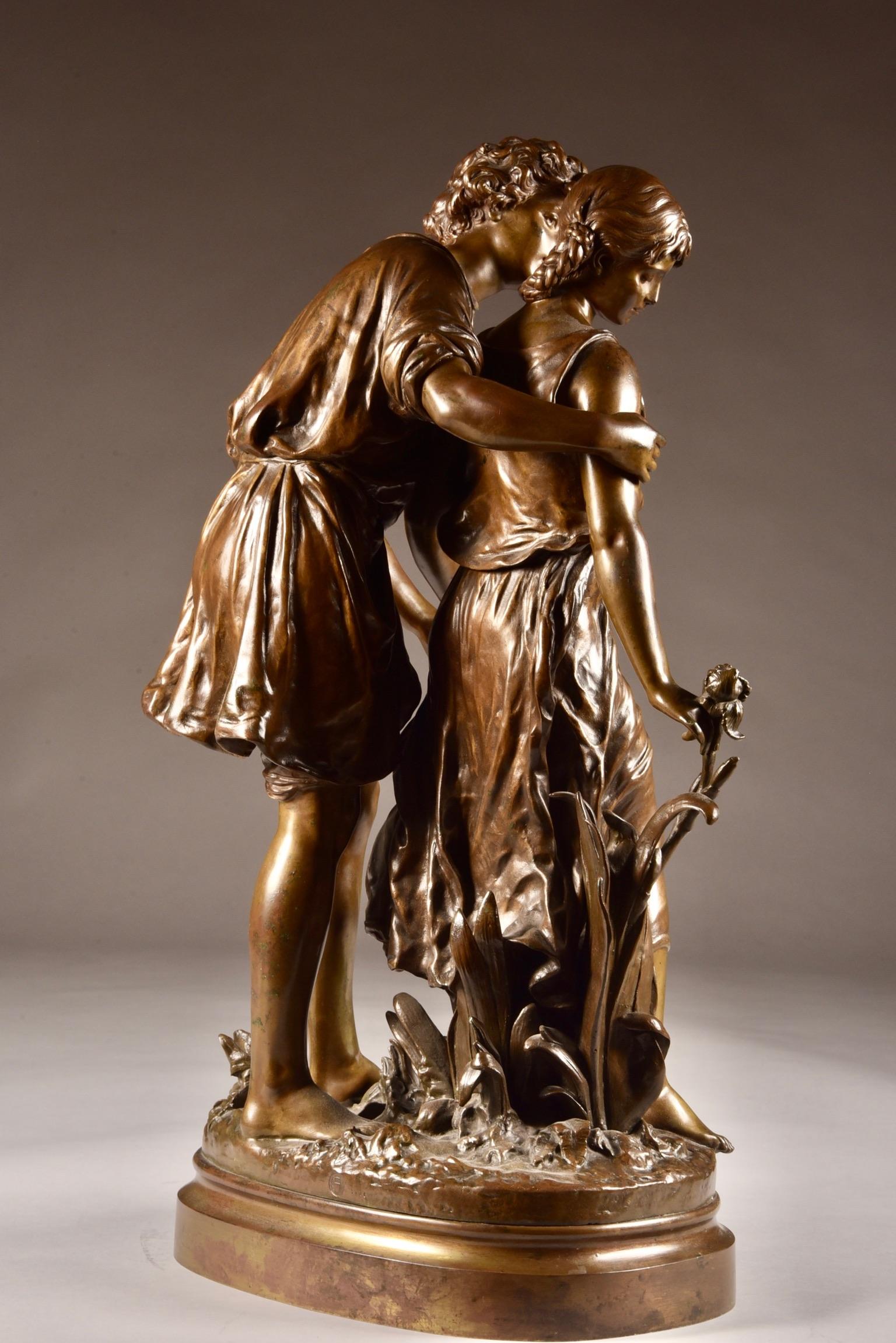 Escultura grande L'Ave, Hippolyte Moreau, Pareja joven enamorada, hacia 1890 Pintado en frío
