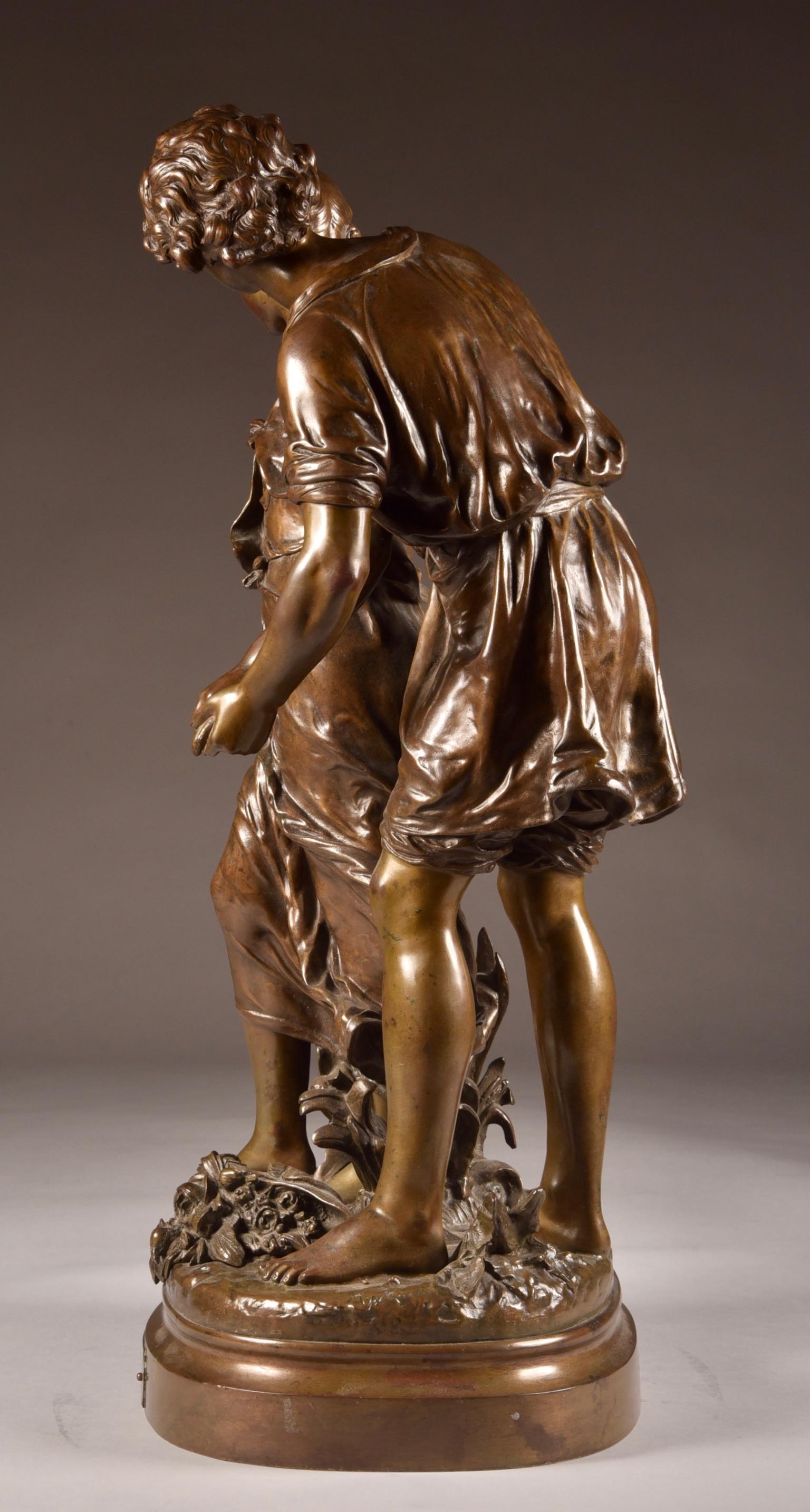 Neoclassical Large Sculpture L'Ave, Hippolyte Moreau, Young Couple in Love, circa 1890