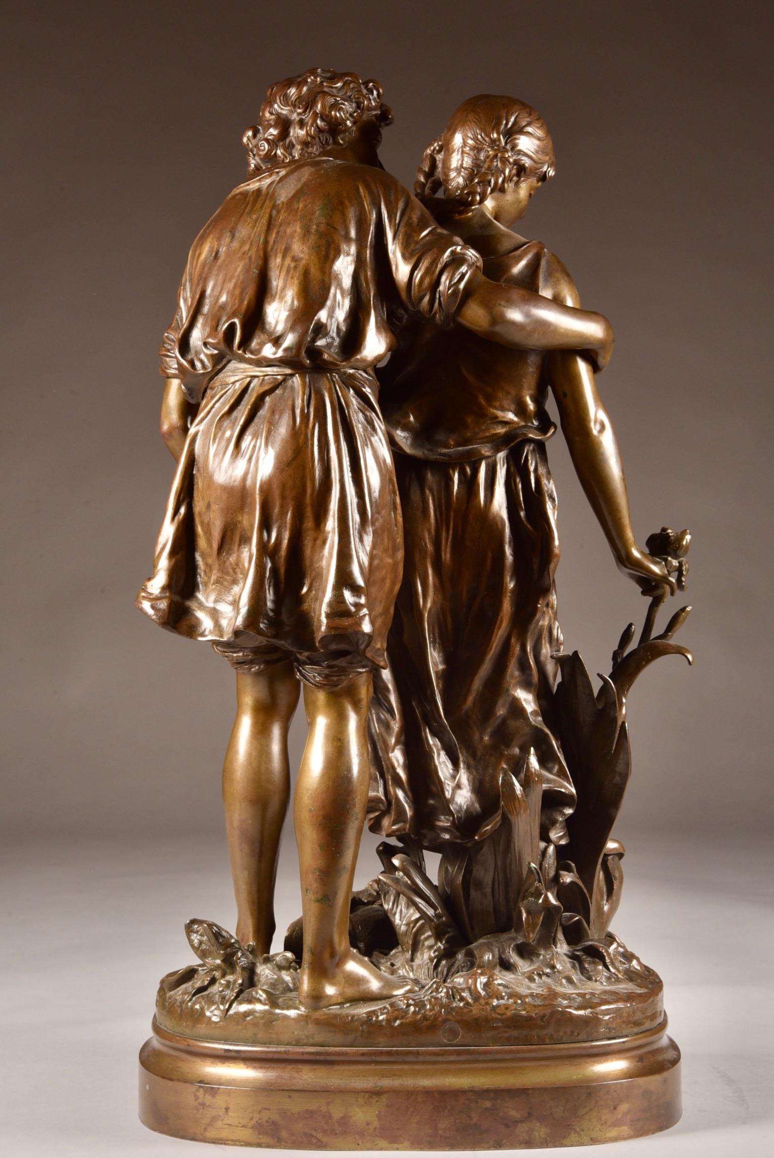 French Large Sculpture L'Ave, Hippolyte Moreau, Young Couple in Love, circa 1890