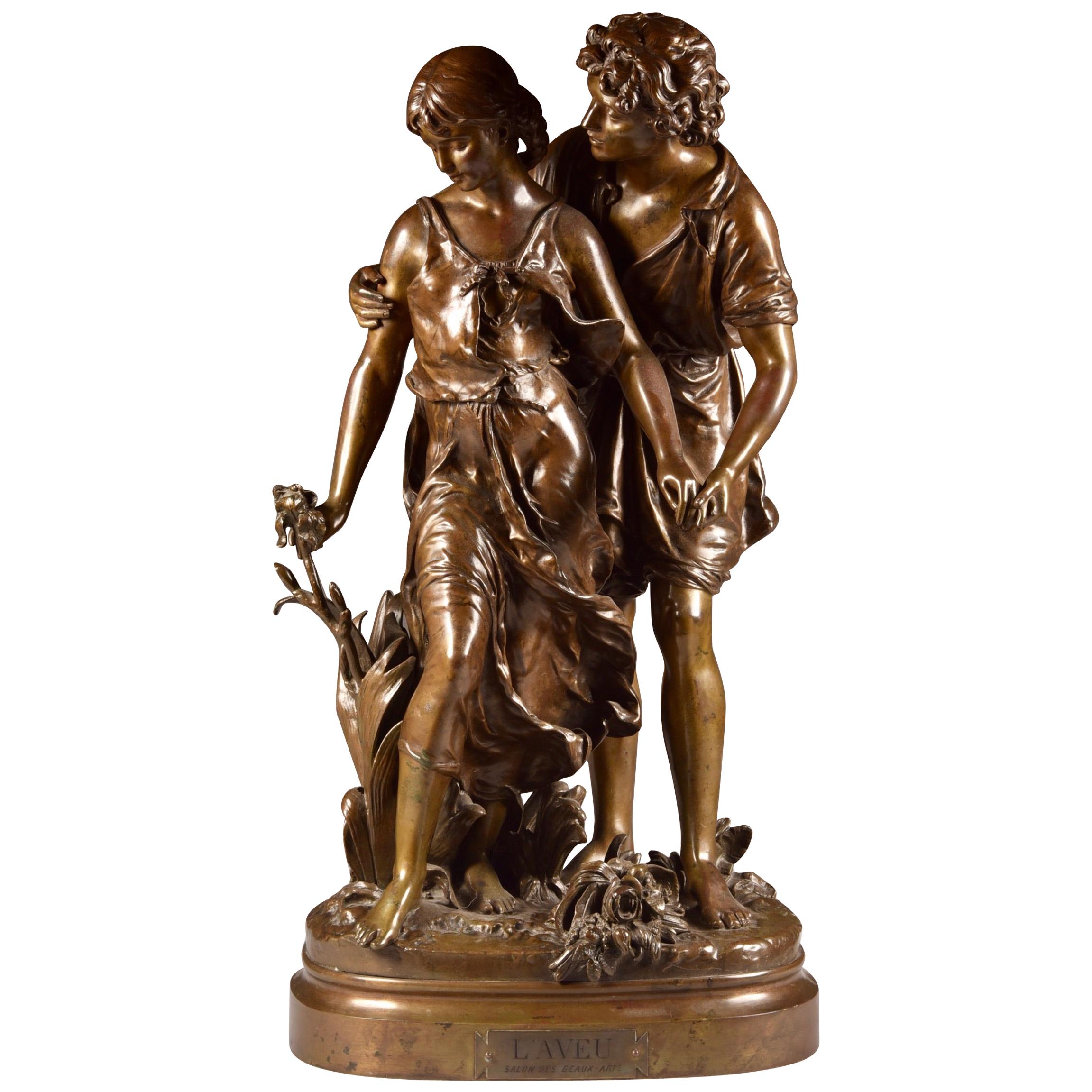 Large Sculpture L'Ave, Hippolyte Moreau, Young Couple in Love, circa 1890