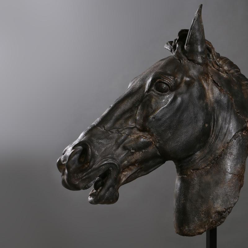 Gran Escultura de Cabeza de Caballo Negro, tamaño grande. Francés en venta
