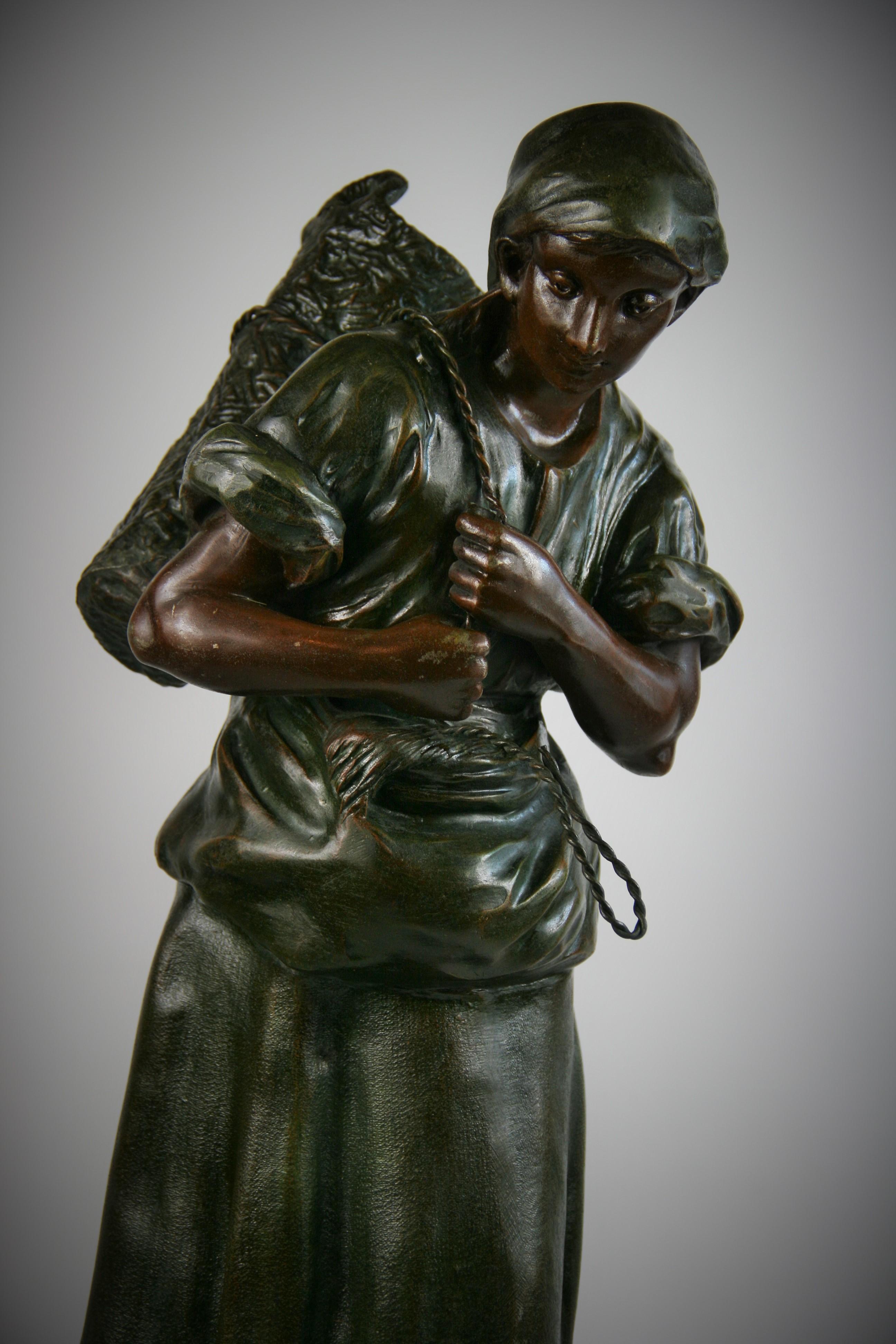 3-439 Large cold painted spelter metal recast of the original sculpture of a French woman on a simulated marble wood base
Signed A.Cadet with foundry stamp.
