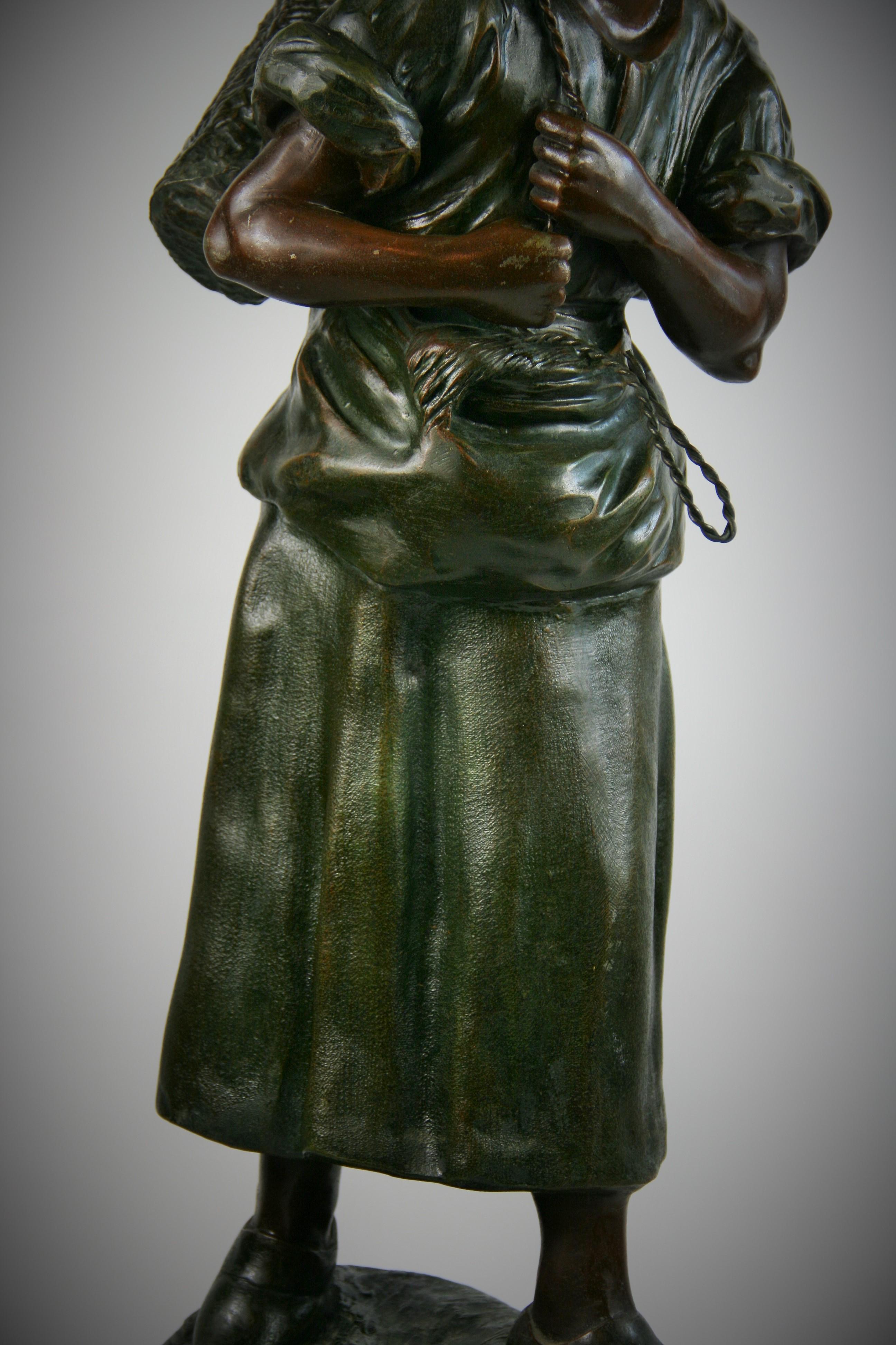 Large Sculpture of a French Woman with a Basket by A.Cadet In Good Condition In Douglas Manor, NY