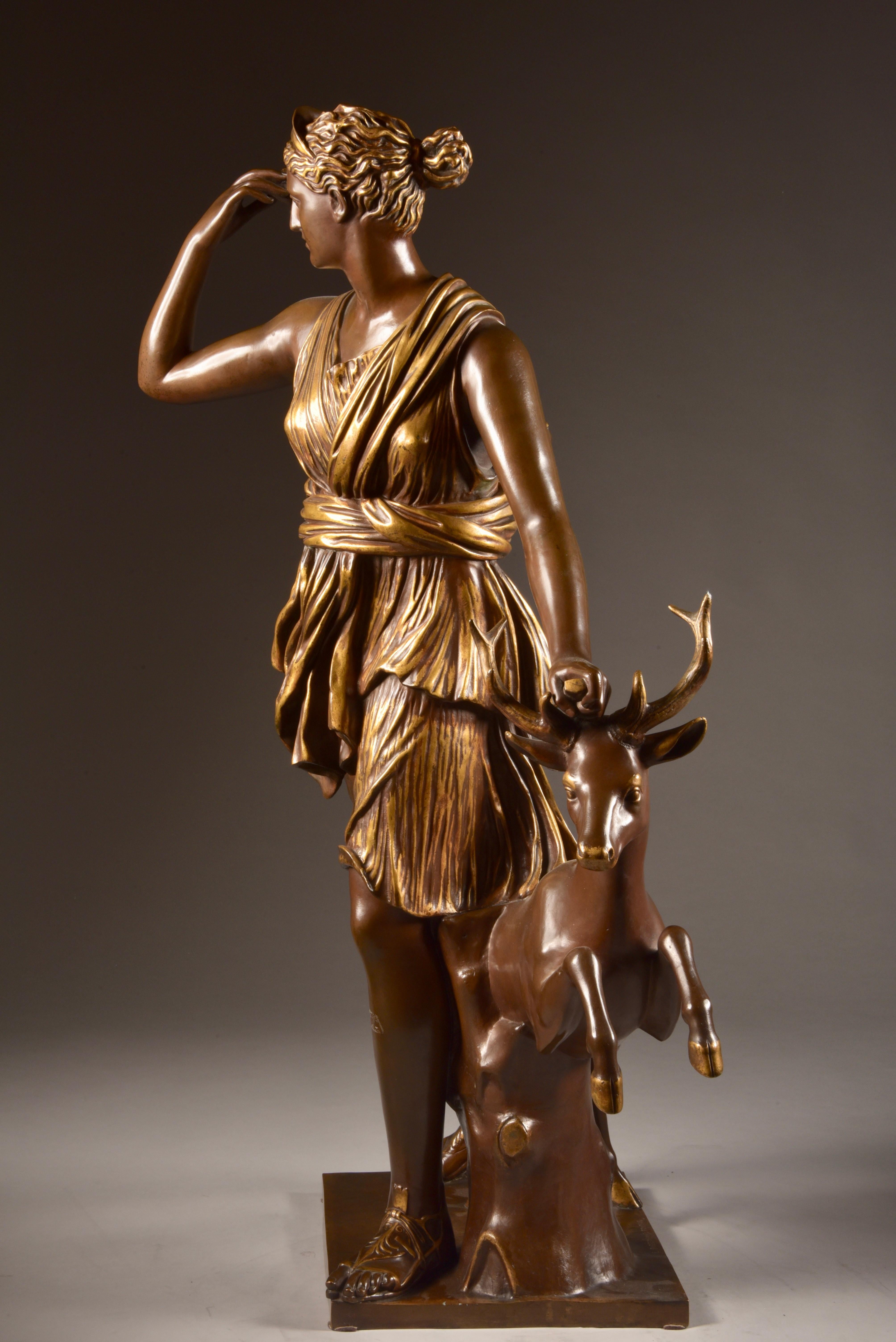 A very large and well-cast, high quality French bronze sculpture of Diana the Huntress, Signed by F. Barbedienne (foundry) and stamp of A. Collas.
The bronze is well patinated and in fine condition. 

This large sculpture is 81 cm high and weight
