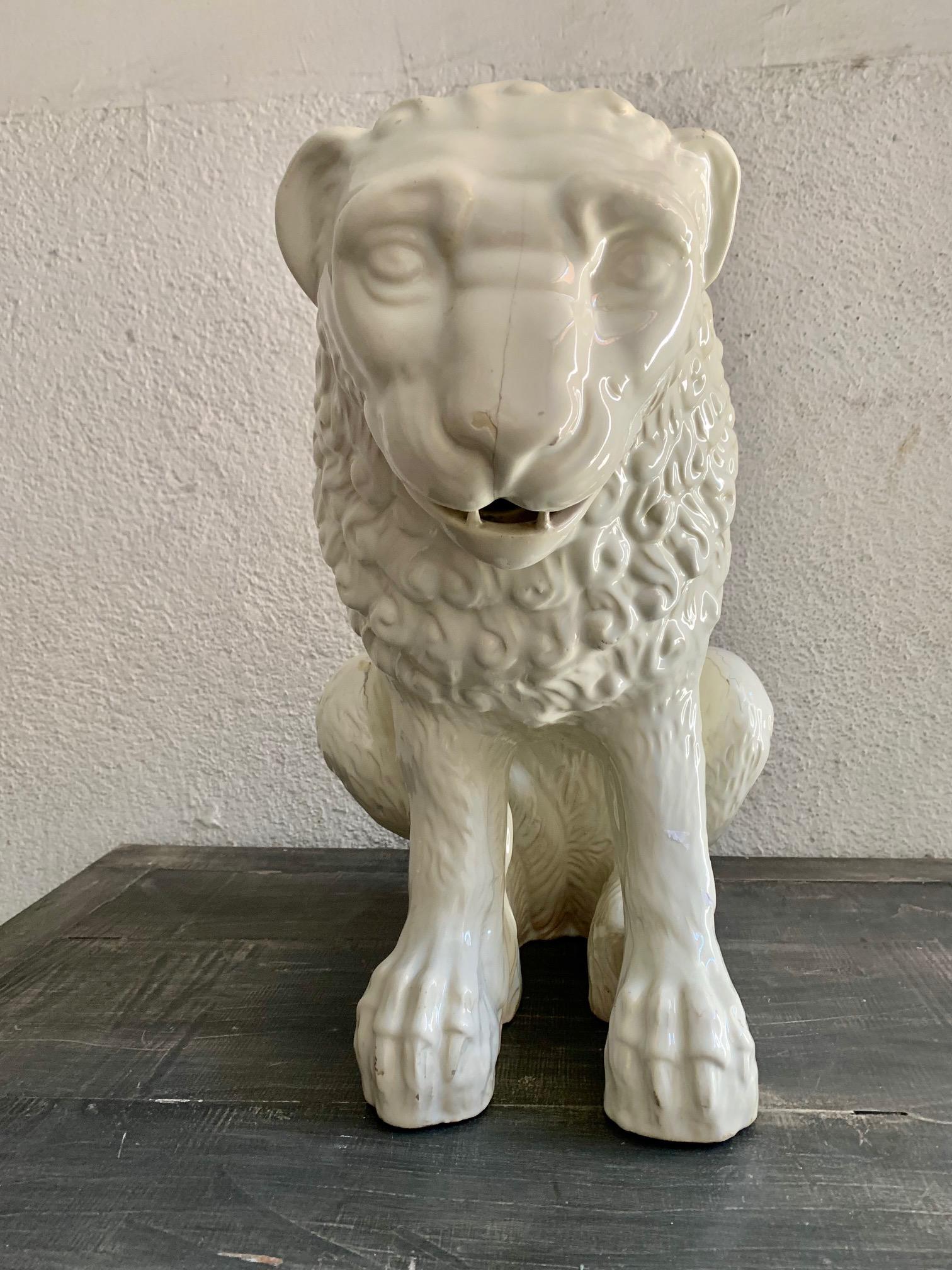 Large Sculpture Whihe Glazed Earthenware Ceramic Lion For Sale 4