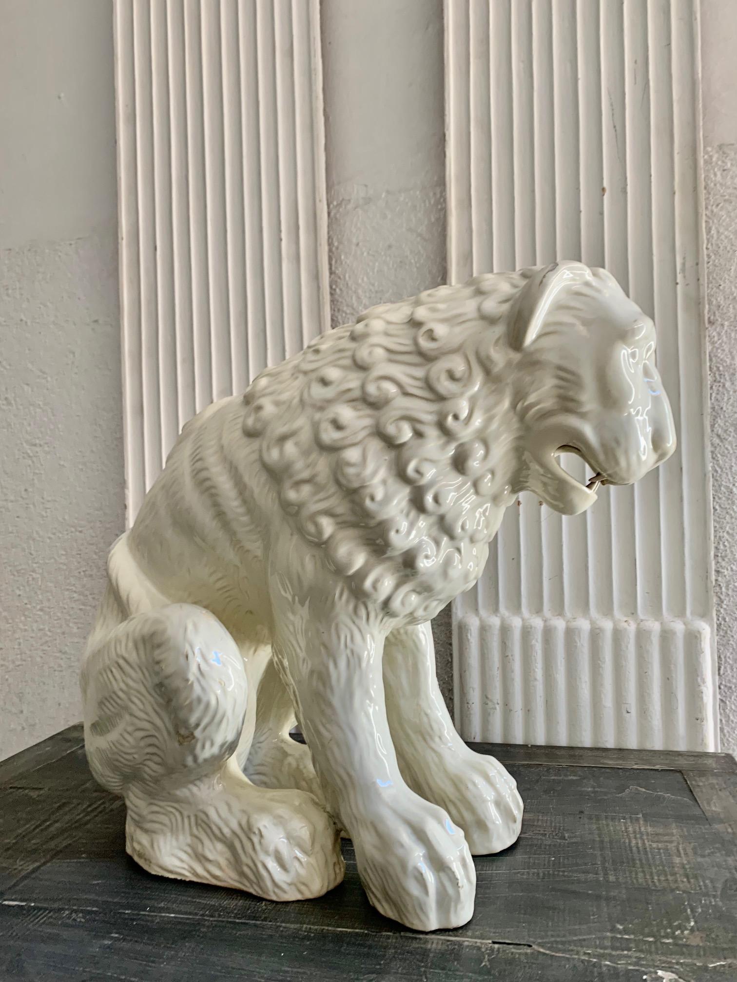 Large Sculpture Whihe Glazed Earthenware Ceramic Lion For Sale 5