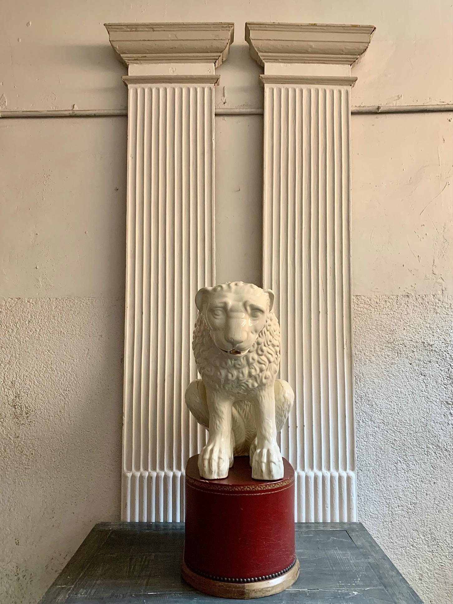Large Sculpture Whihe Glazed Earthenware Ceramic Lion For Sale 7