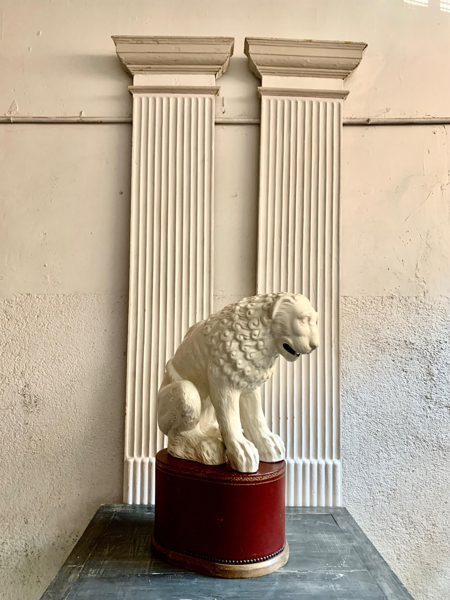 Large Sculpture Whihe Glazed Earthenware Ceramic Lion For Sale 8
