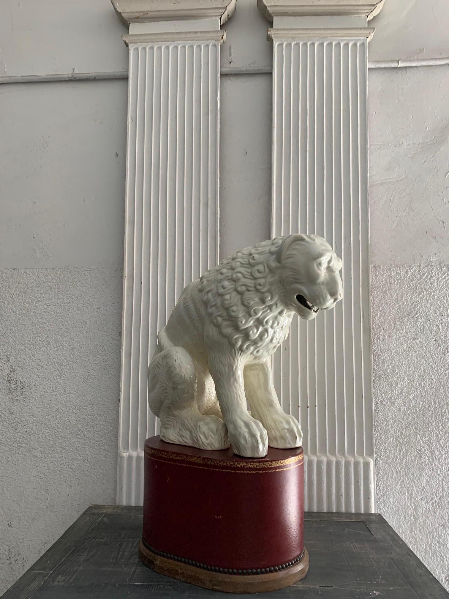 Large Sculpture Whihe Glazed Earthenware Ceramic Lion For Sale 9