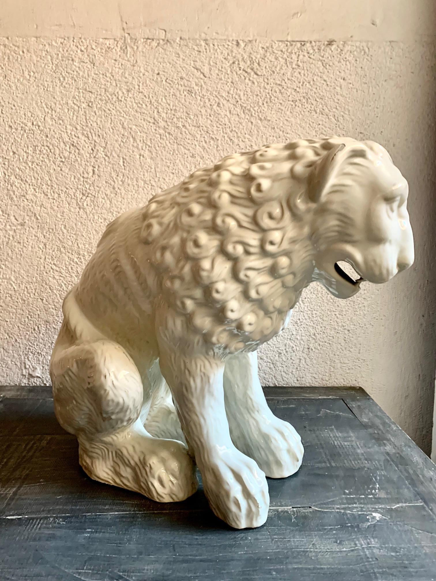 Other Large Sculpture Whihe Glazed Earthenware Ceramic Lion For Sale