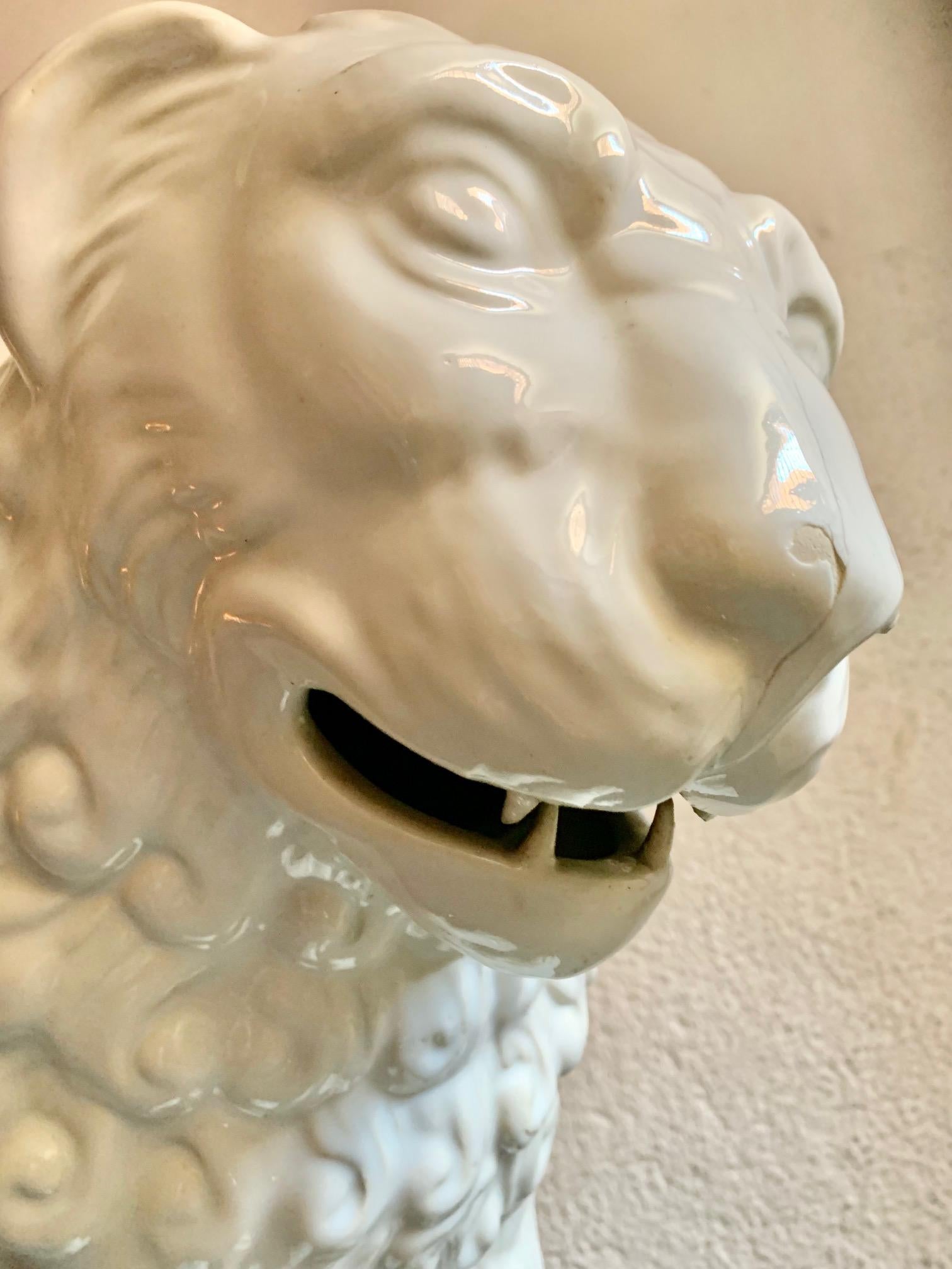 Italian Large Sculpture Whihe Glazed Earthenware Ceramic Lion For Sale
