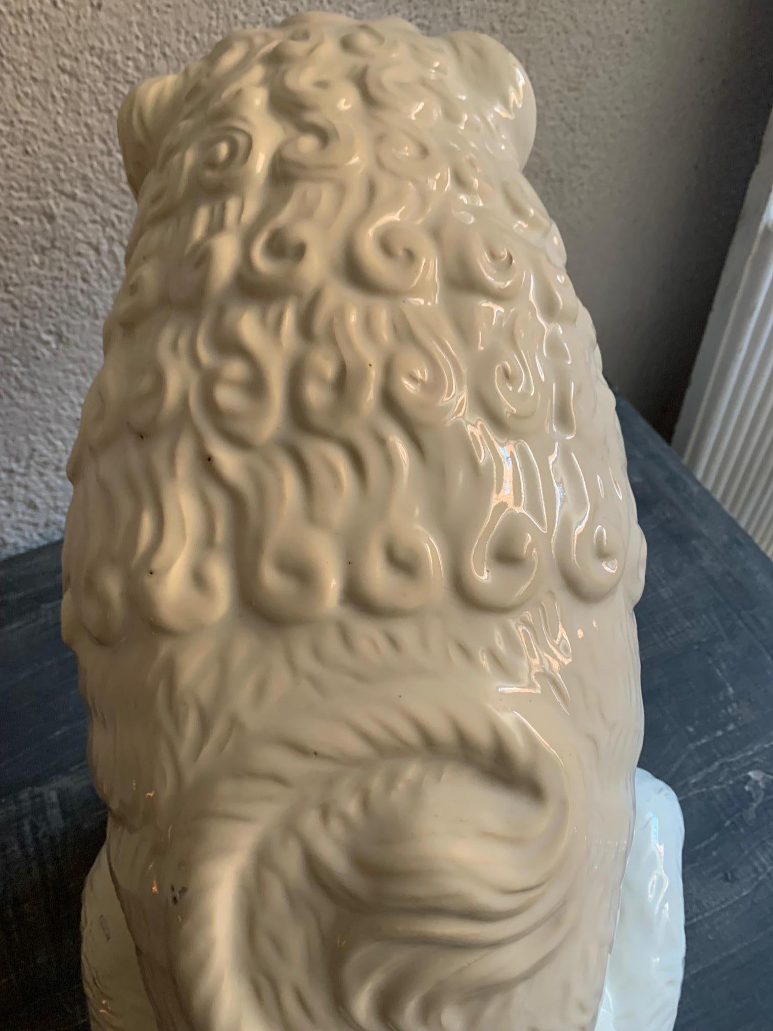 Large Sculpture Whihe Glazed Earthenware Ceramic Lion For Sale 1