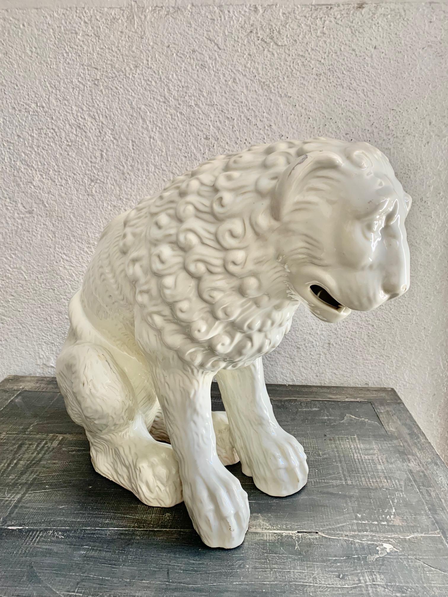 Large Sculpture Whihe Glazed Earthenware Ceramic Lion For Sale 2