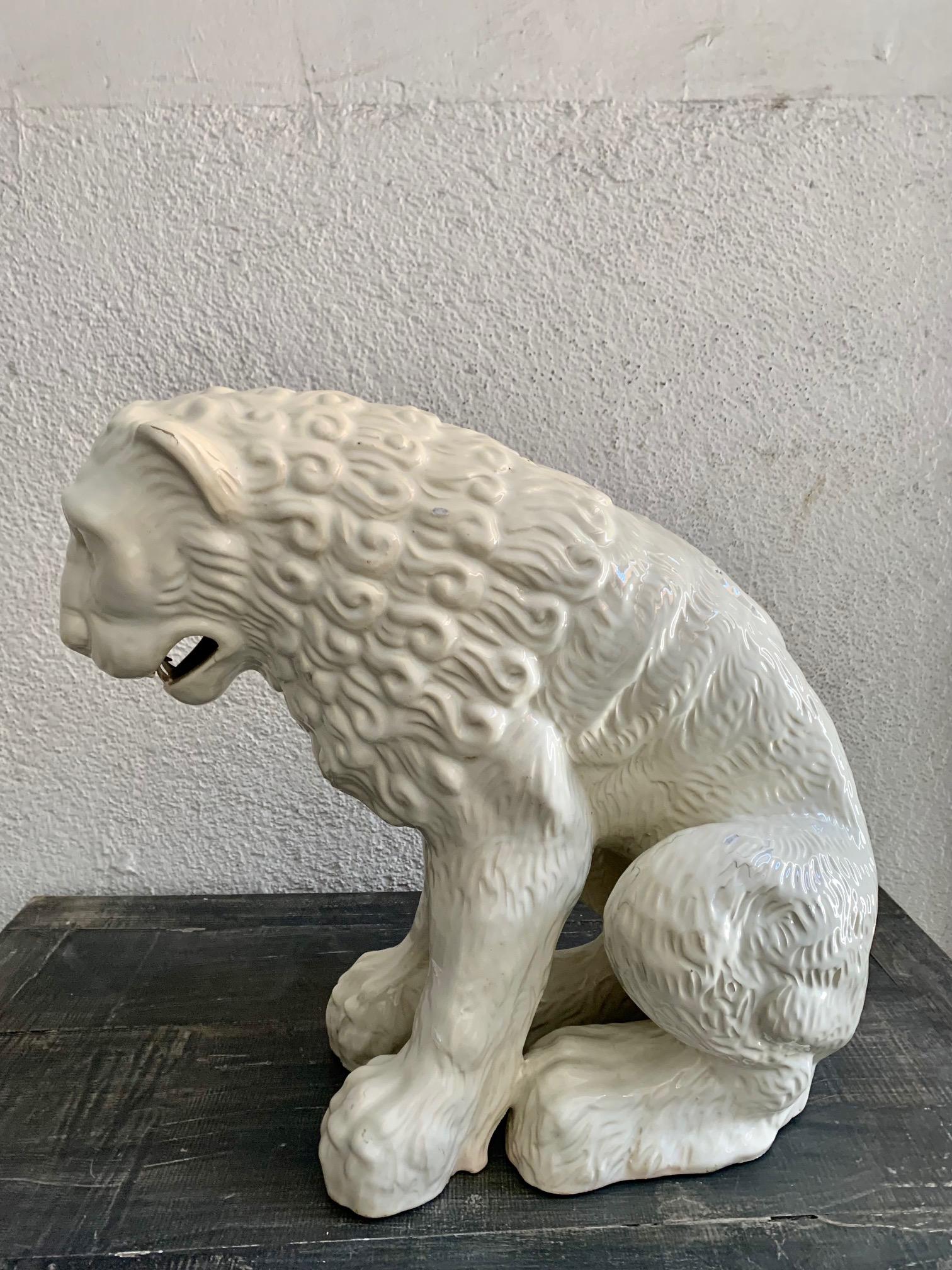 Large Sculpture Whihe Glazed Earthenware Ceramic Lion For Sale 3