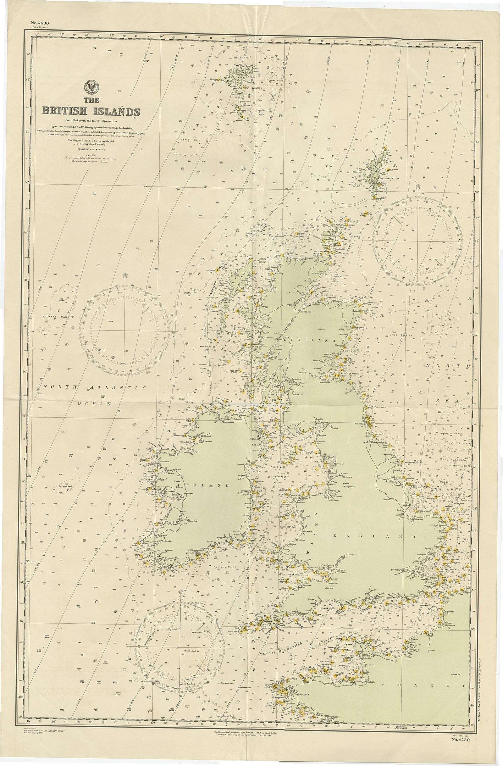 Antique map titled 'The British Islands'. 

Large sea chart of the British Islands. It shows Ireland, Scotland, England, the Shetland Islands and part of France.

The antique sea chart titled 'The British Islands' is a significant cartographic work
