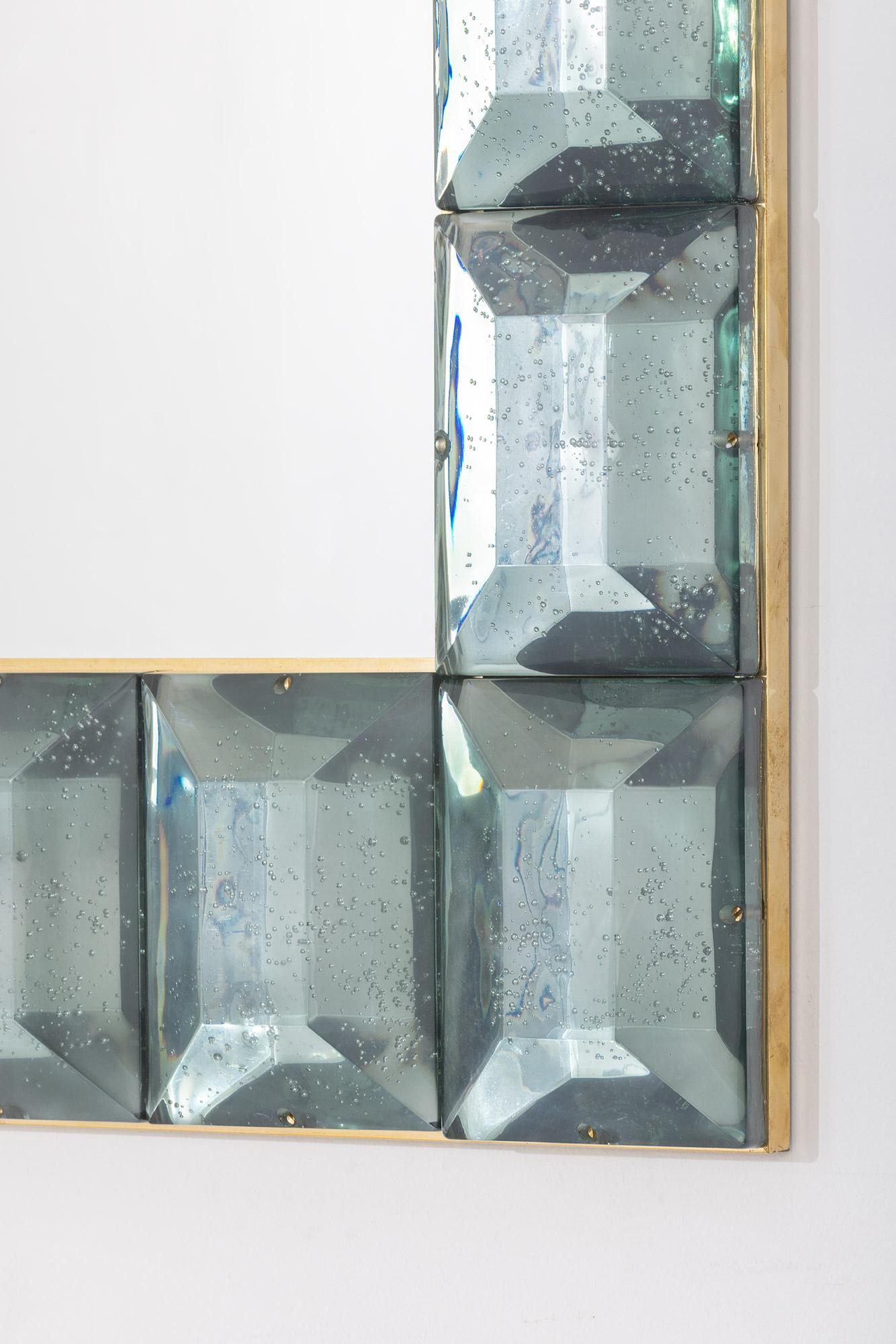 Italian Large Sea Green Aqua Diamond Cut Murano Glass Mirrors, in stock. For Sale