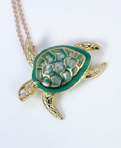 Large Sea Turtle Pendant Vitreous Enamel & Diamond Pendant 18KT Gold
