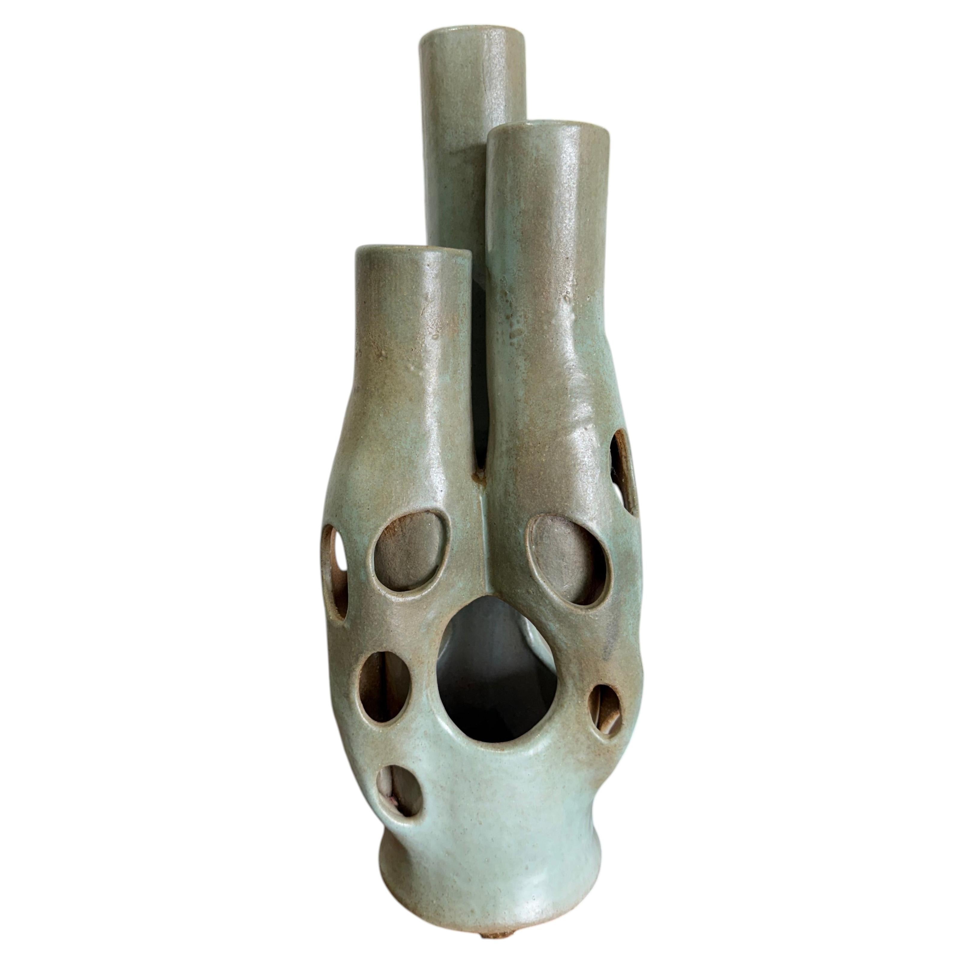 Large Seafoam Green Vintage Modernist Biomorphic Studio Pottery Sculpture Vase