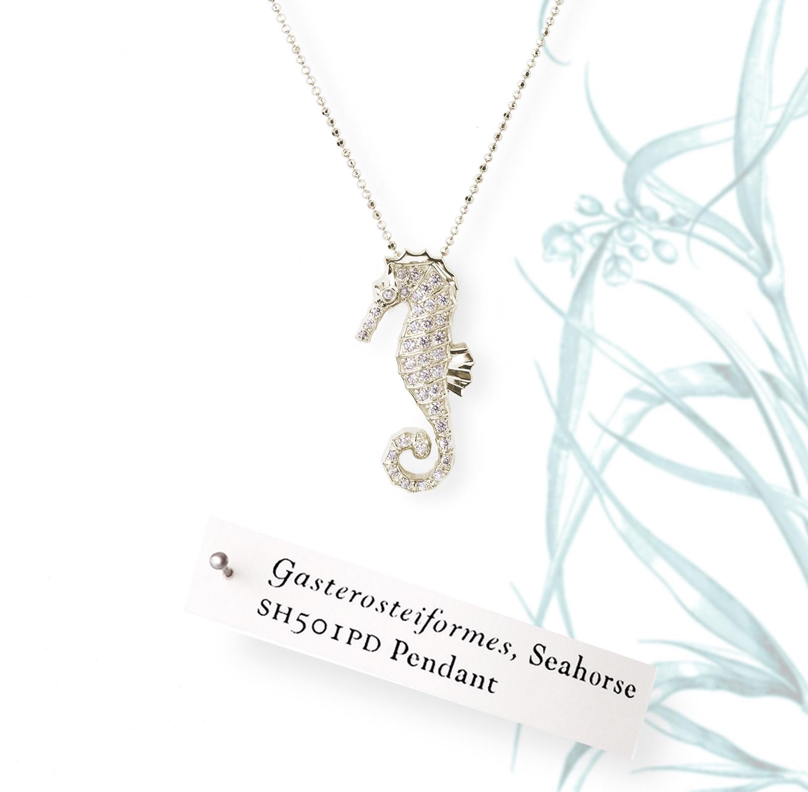 Brilliant Cut JHERWITT Diamond 14k White Gold Large Seahorse Pendant Necklace  For Sale