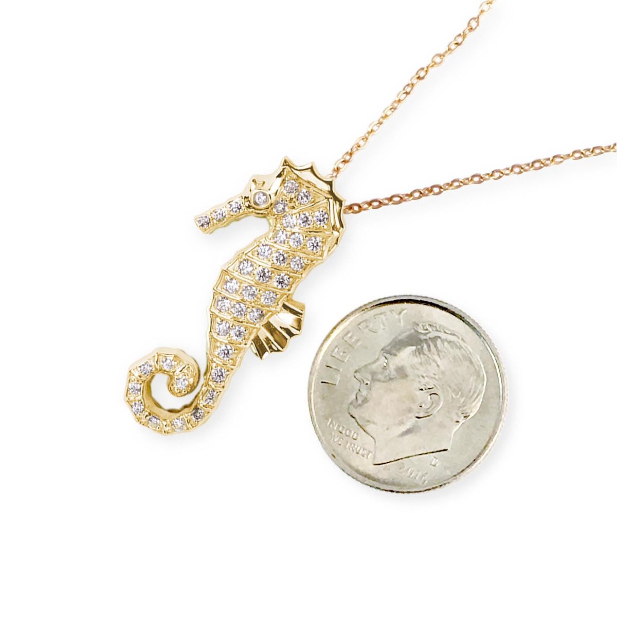By Special Order only
Experience the enchantment of the sea with our Large Seahorse Diamond Pendant in Yellow Gold. Crafted with meticulous attention to detail, this limited edition piece features 39 brilliant-cut round diamonds intricately pave set