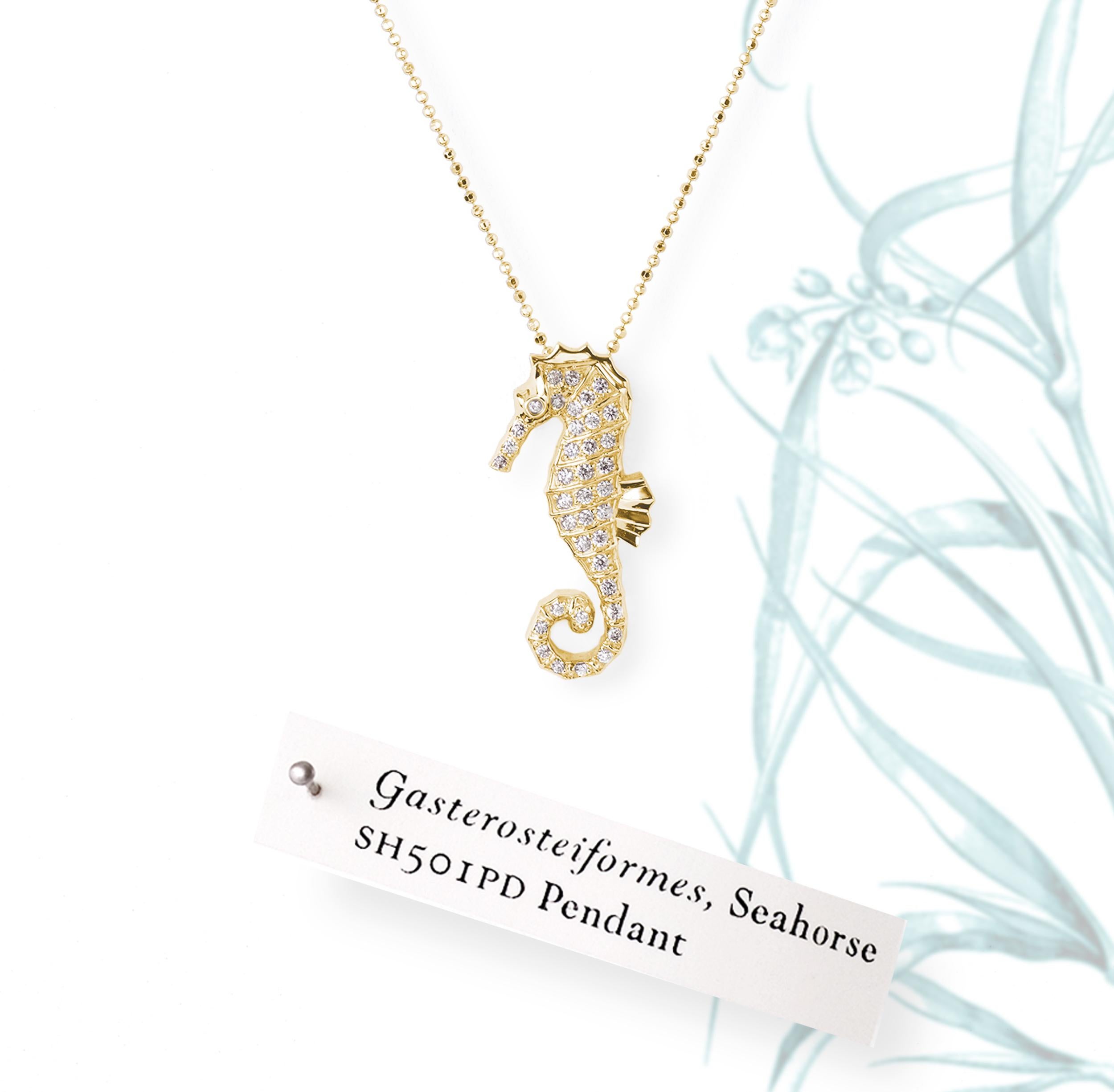 Artist JHERWITT White Sapphires Yellow Gold Plated Large Seahorse Pendant Necklace For Sale