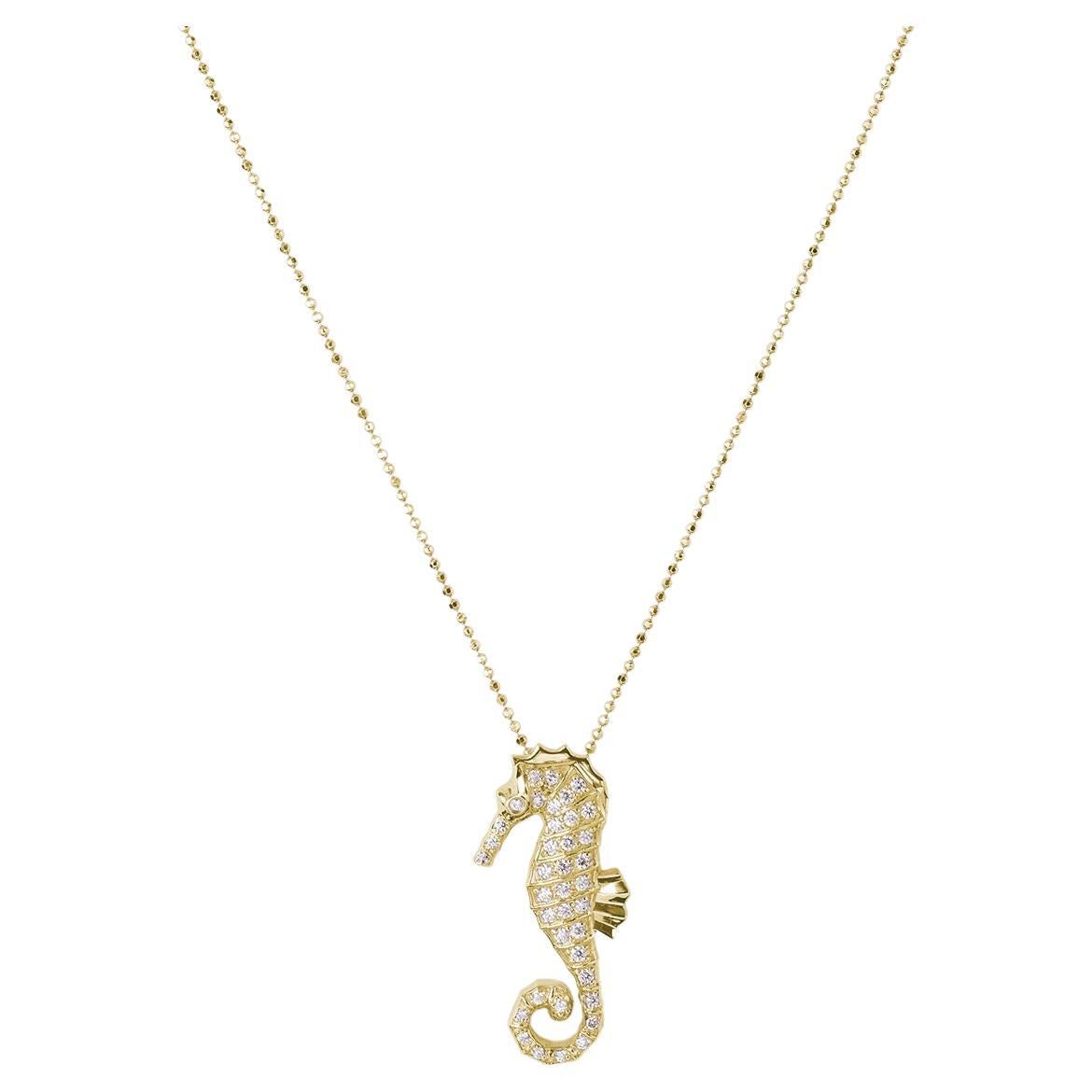 JHERWITT White Sapphires Yellow Gold Plated Large Seahorse Pendant Necklace For Sale