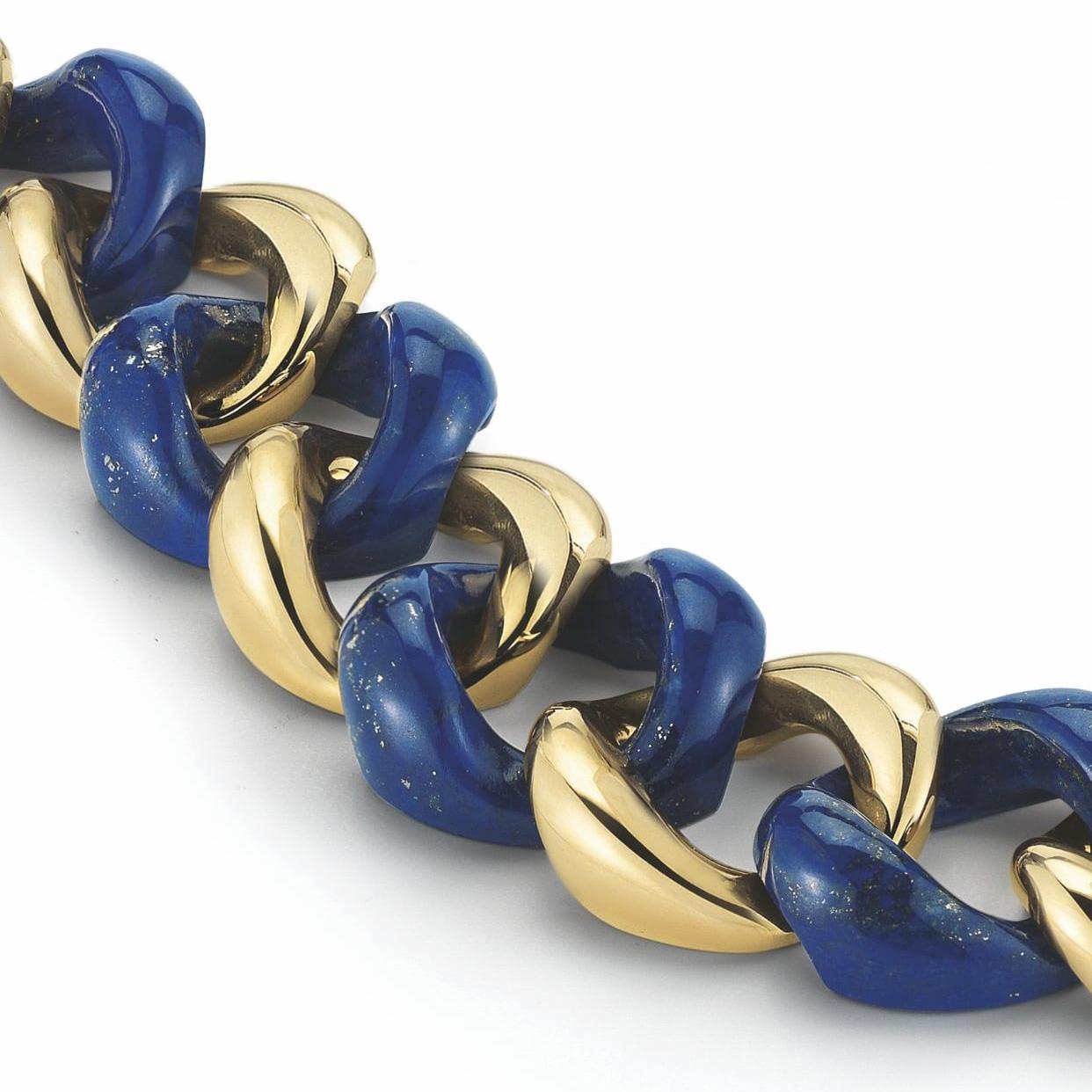Brand new 18k gold classic large link bracelet featuring lapis links. Crafted by Seaman Schepps. Bracelet measures approximately 7 3/4 inches long, links measure 25mm wide. Weight is 101.4 grams. Marked Seaman Schepps 750 246490. Brand new with