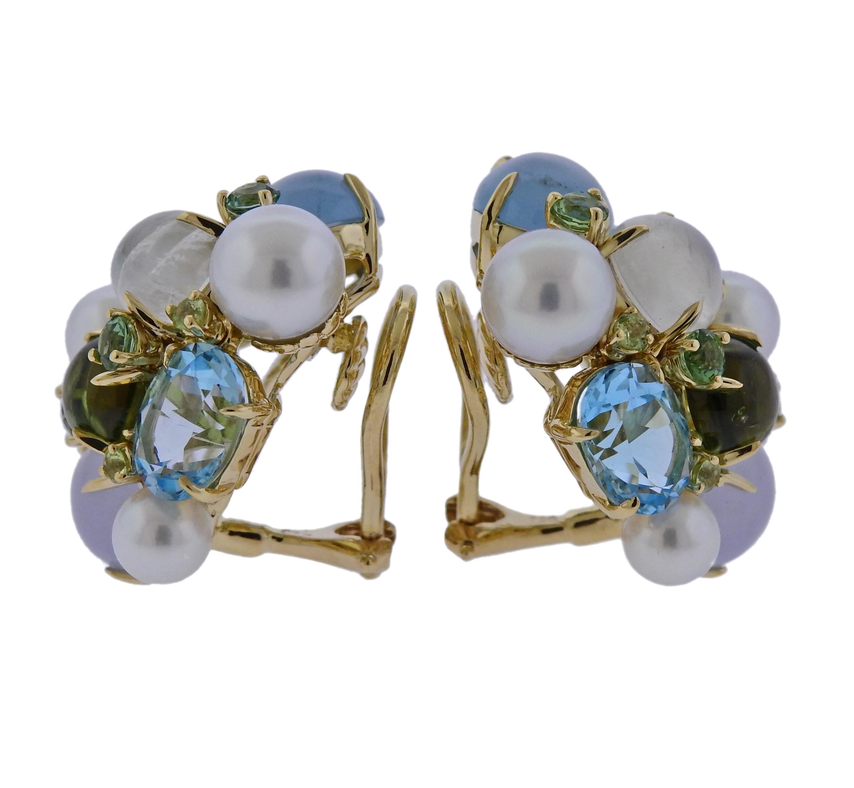 Pair of brand new large 18k gold Bubble earrings, crafted by Seaman Schepps, set with multi color gemstones and pearls. Earrings are 26mm x 23mm, weigh 24.3 grams. Marked: 244982, 750, Shell hallmark.