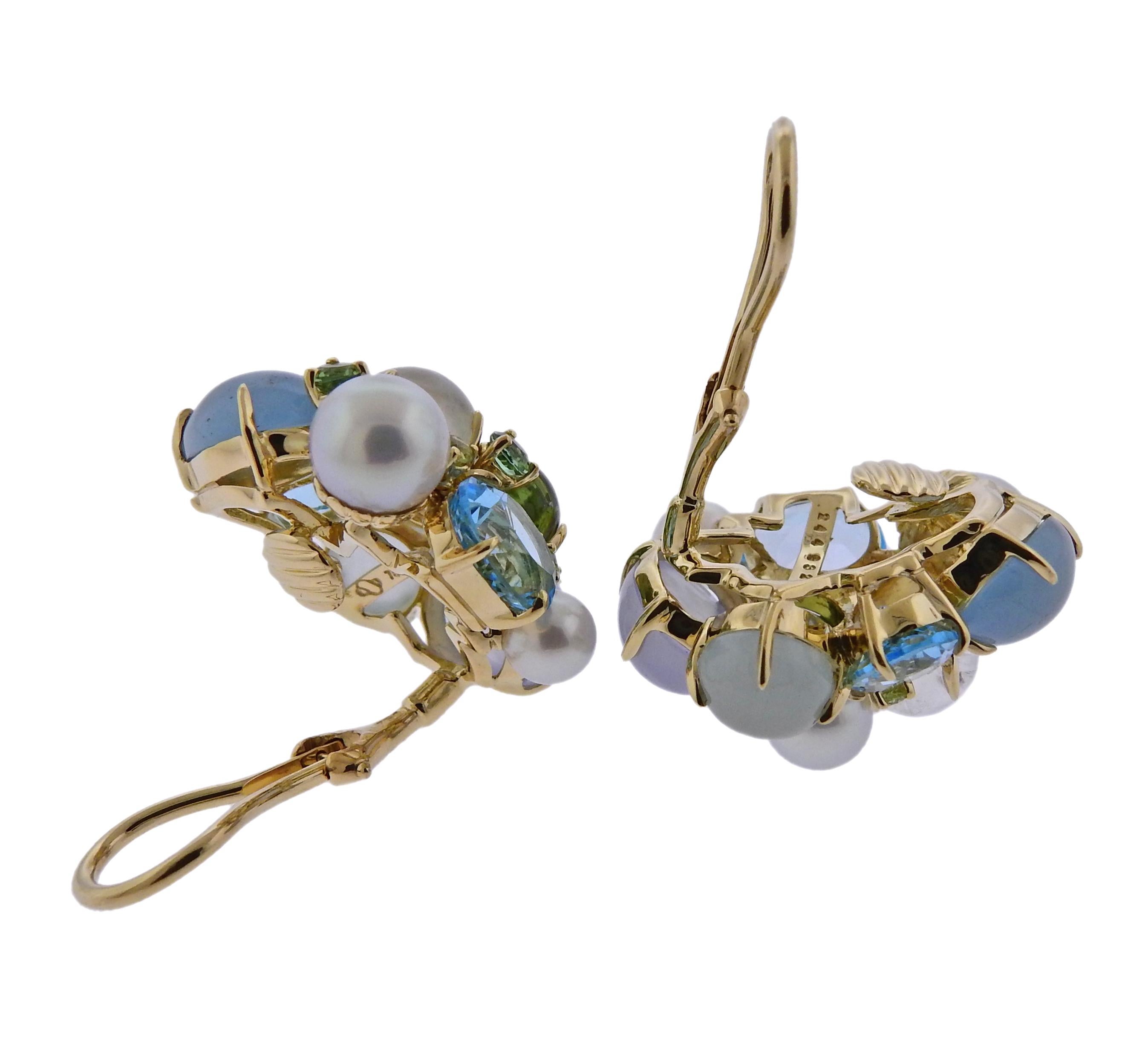 Large Seaman Schepps Pearl Aquamarine Moonstone Gold Bubble Earrings In New Condition In Lambertville, NJ