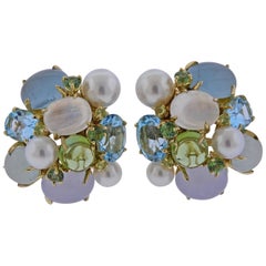 Large Seaman Schepps Pearl Aquamarine Moonstone Gold Bubble Earrings