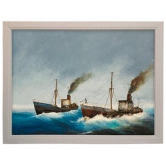Large Seascape Oil Painting, Steamer Ships, Marine, Art, Original