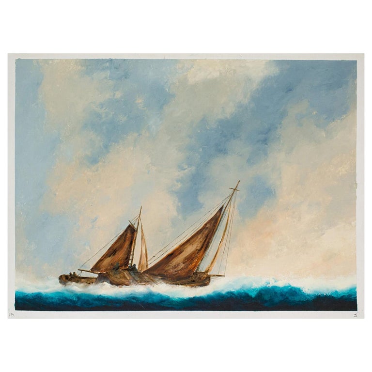 Large Seascape Oil Painting Vintage Sailing Boat Marine Art