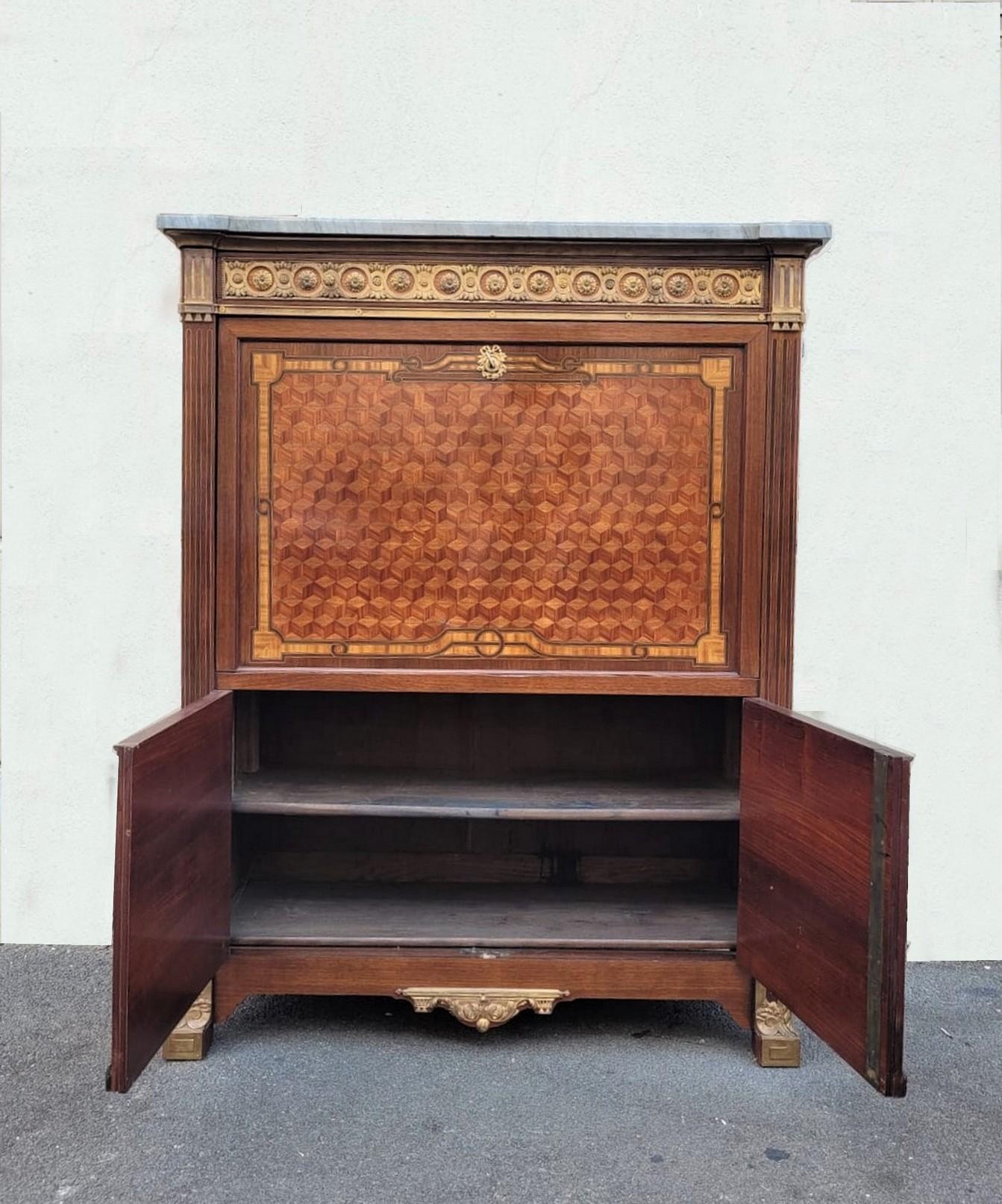 Louis XVI Large Secretaire With Flap In Marquetry, Late 19th Century For Sale