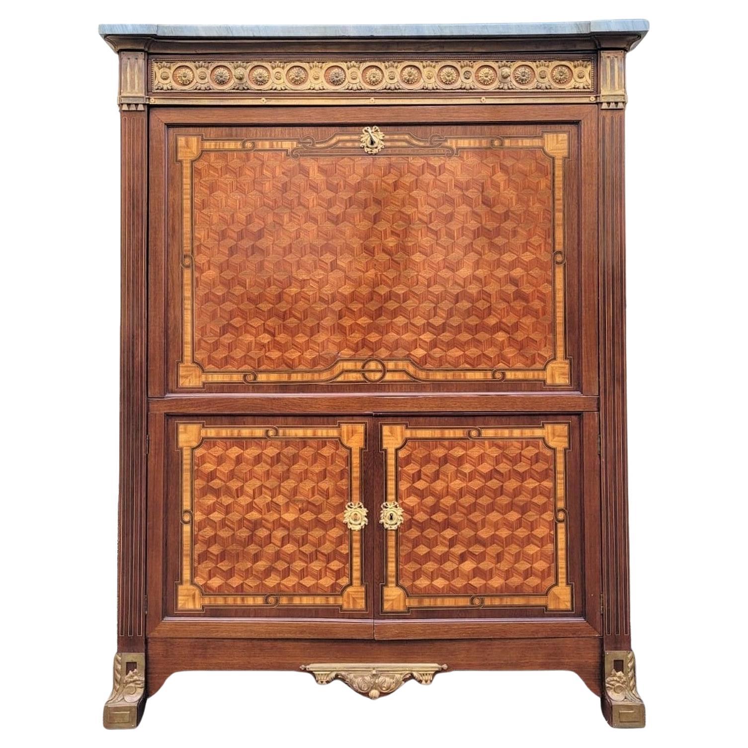 Large Secretaire With Flap In Marquetry, Late 19th Century For Sale