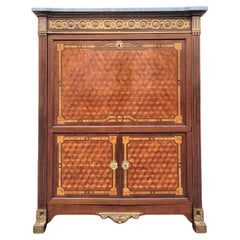 Large Secretaire With Flap In Marquetry, Late 19th Century