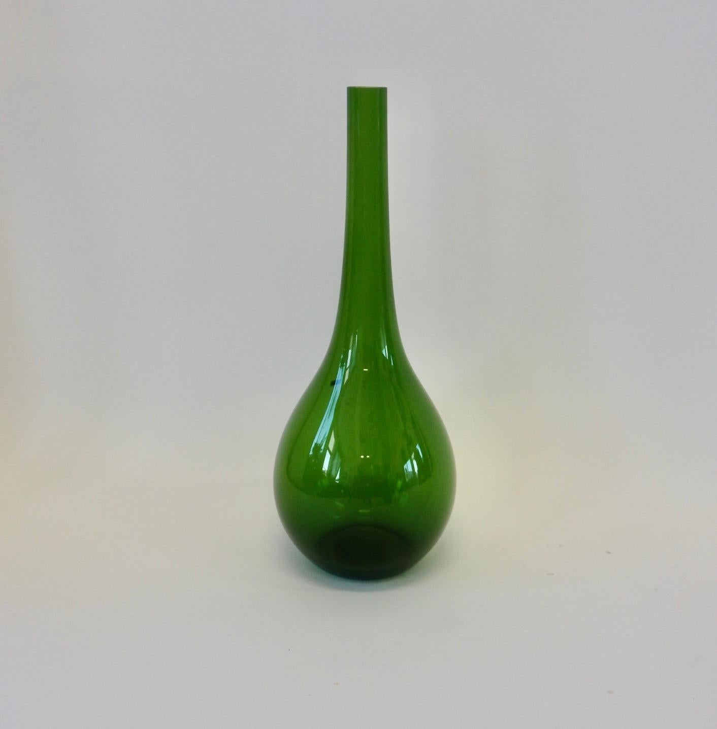 Large green bulbous base Swedish glass bottle vase labeled Seda.