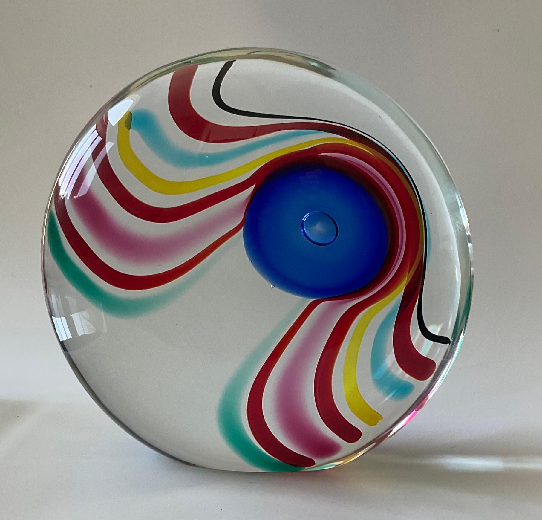 Large Seguso Arte Vetro signed striped Murano Glass abstract sculpture. Very vibrant multi color sculpture that is signed on the bottom as pictured.