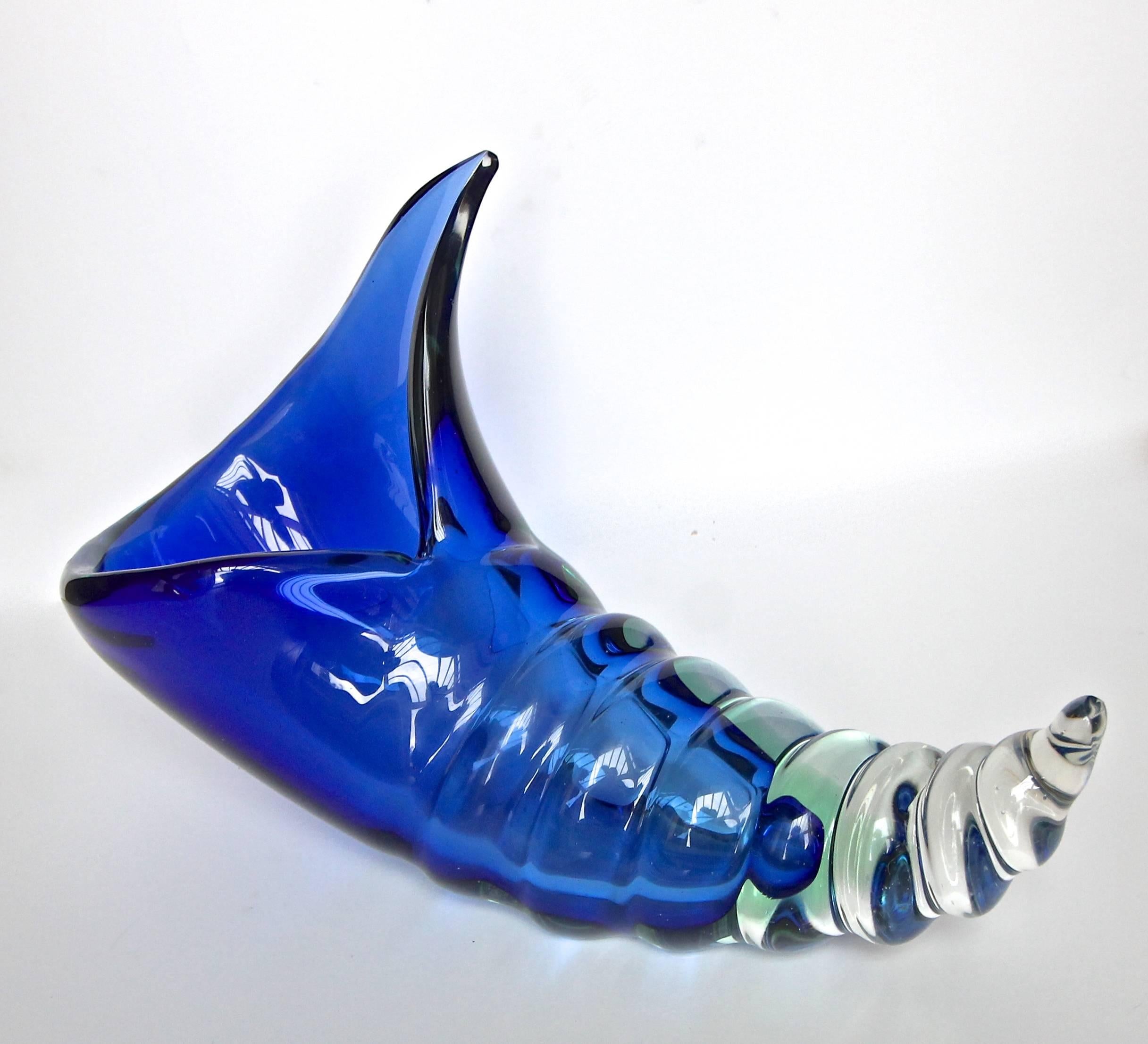 Italian Large Seguso Murano Blue Conch Seashell Centerpiece Bowl For Sale