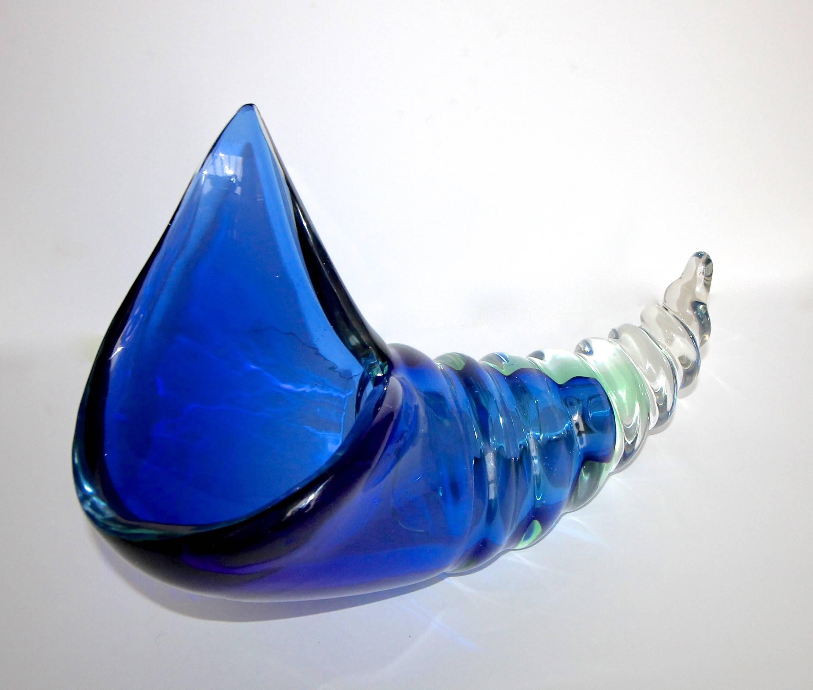 Glass Large Seguso Murano Blue Conch Seashell Centerpiece Bowl For Sale