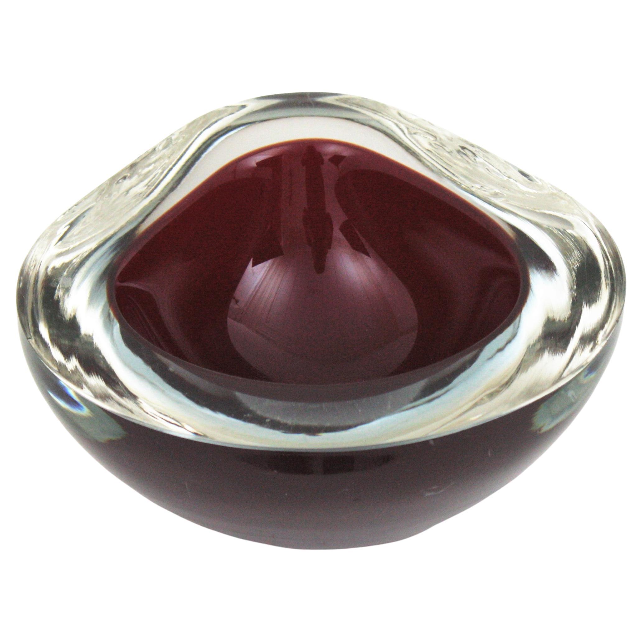 Large Seguso Murano Sommerso Burgundy Clear Geode Triangle Art Glass Bowl For Sale
