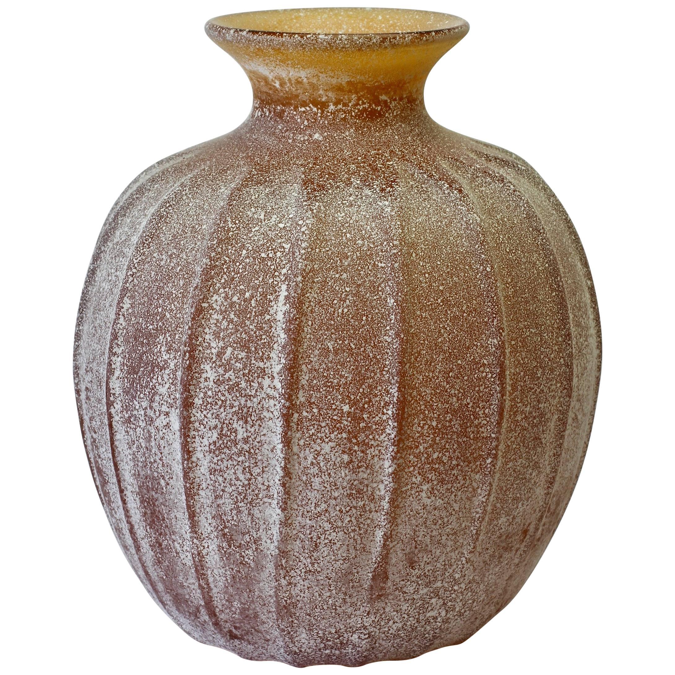 Large Seguso Vetri d'Arte Amber 'a Scavo' Murano Glass Vase or Vessel