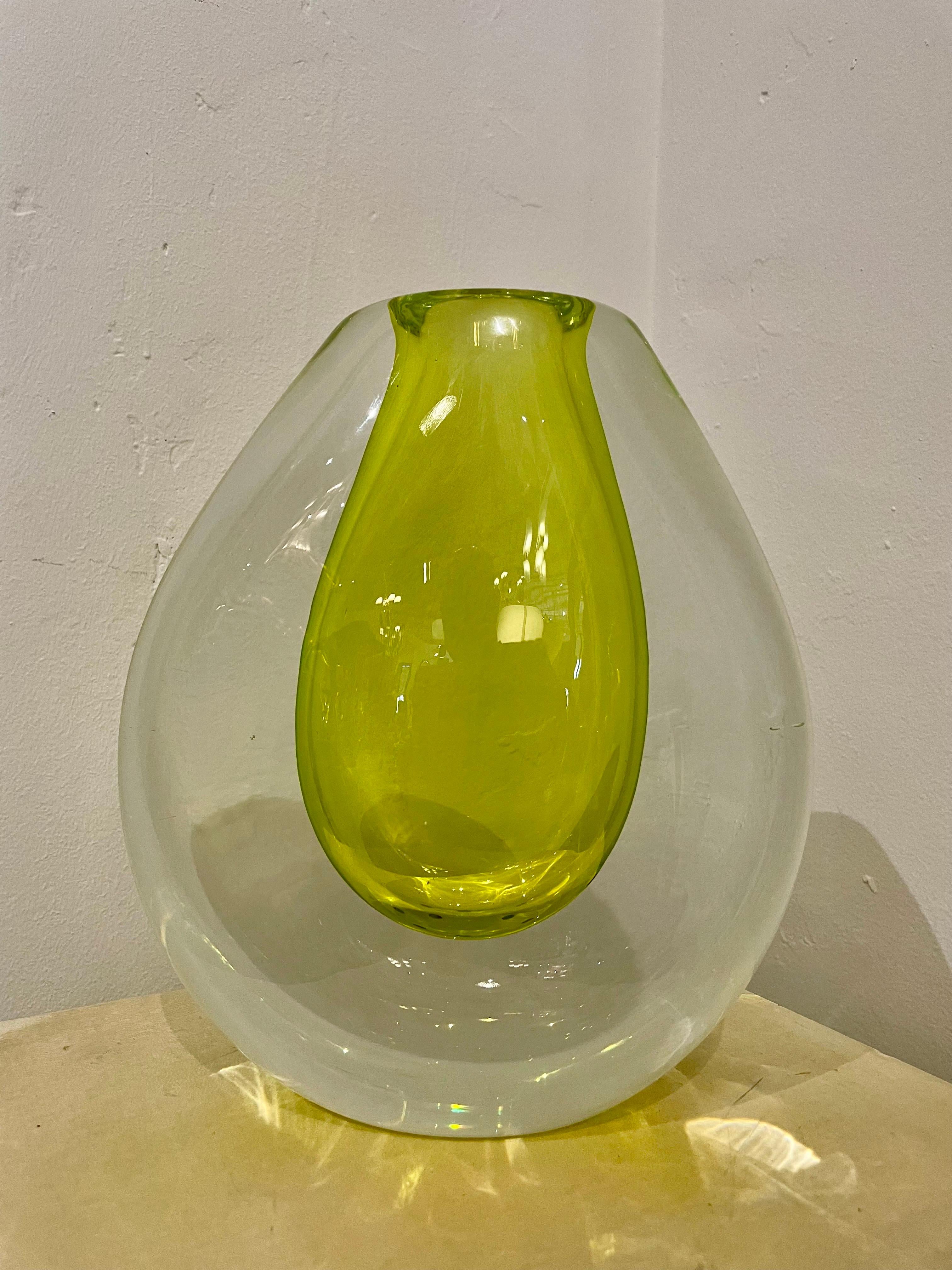Grand vase Seguso Vetri d'Arte Citron et transparent de Murano par Flavio Poli en vente 1