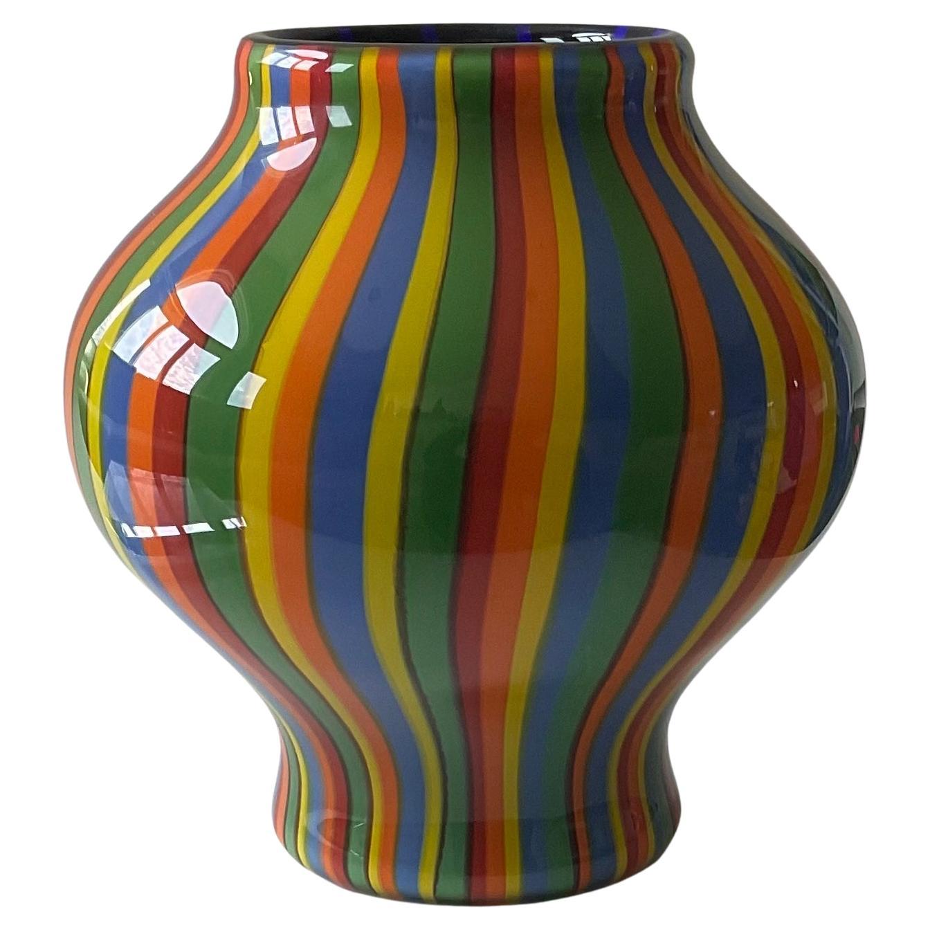 Große Seguso Viro Vibrant Blue Interior Striped Murano Glas signiert Vase Kleiner im Angebot