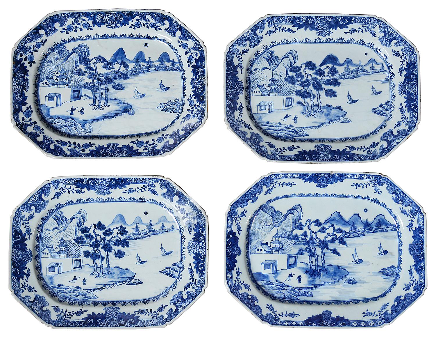 An impressive collection of twelve willow pattern Chinese 18th century Nanking blue and white plates, each depicting classical Chinese scenes of lakes, boats, mountains and pagoda topped buildings.
Measures: Largest plate 41cm x 33cm
Smallest