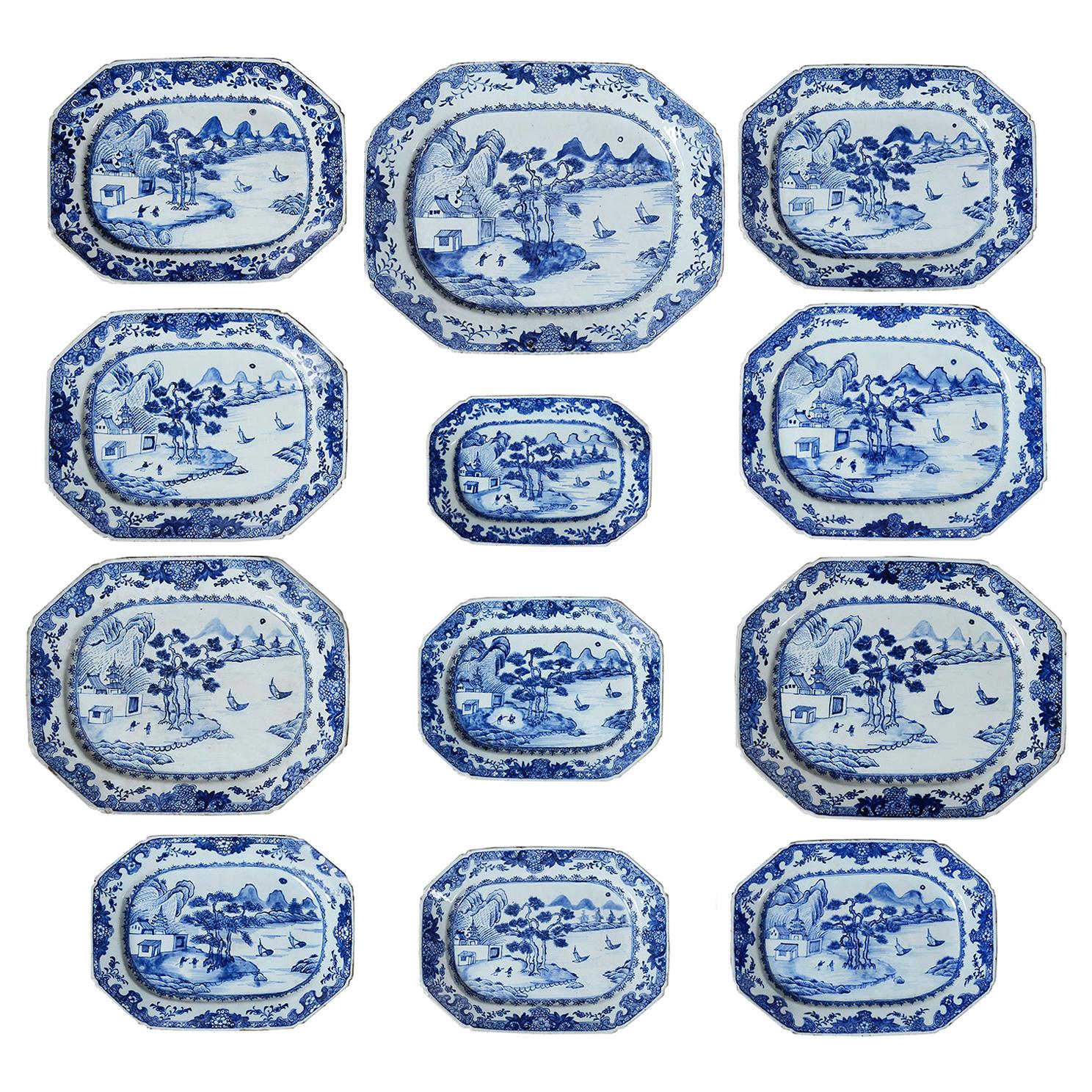 Large Selection of Twelve Chinese 18th Century Blue and White Nanking Platers
