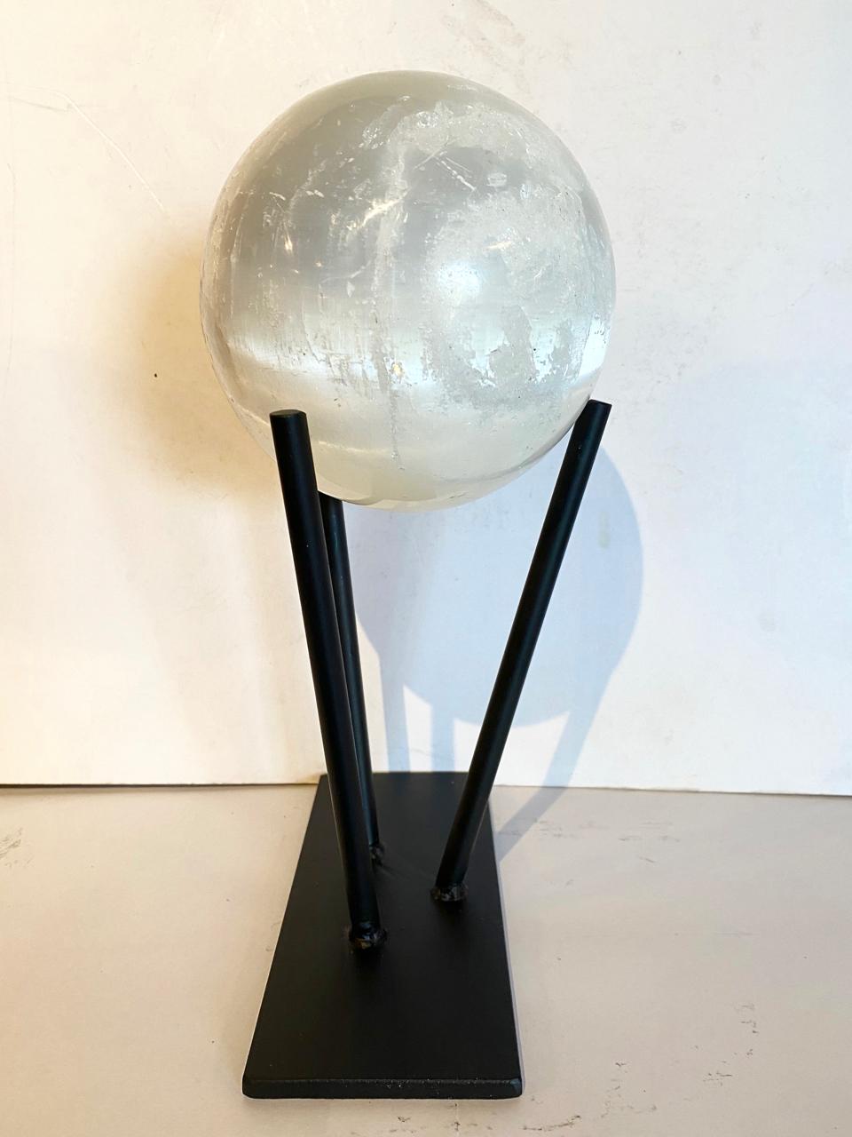 Modern Large Selenite Sphere on Custom Iron Stand