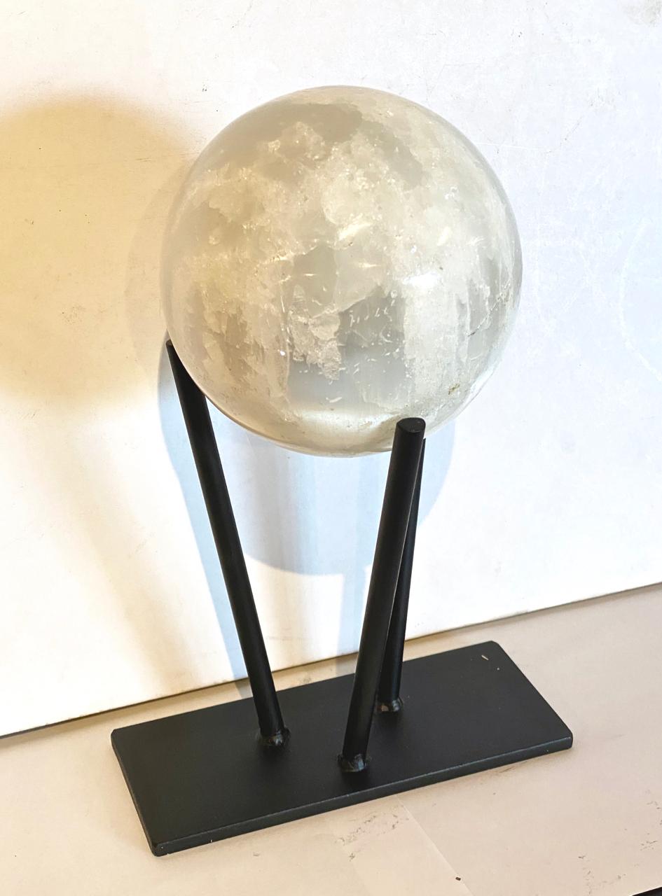 Large Selenite Sphere on Custom Iron Stand In Good Condition In Pasadena, CA